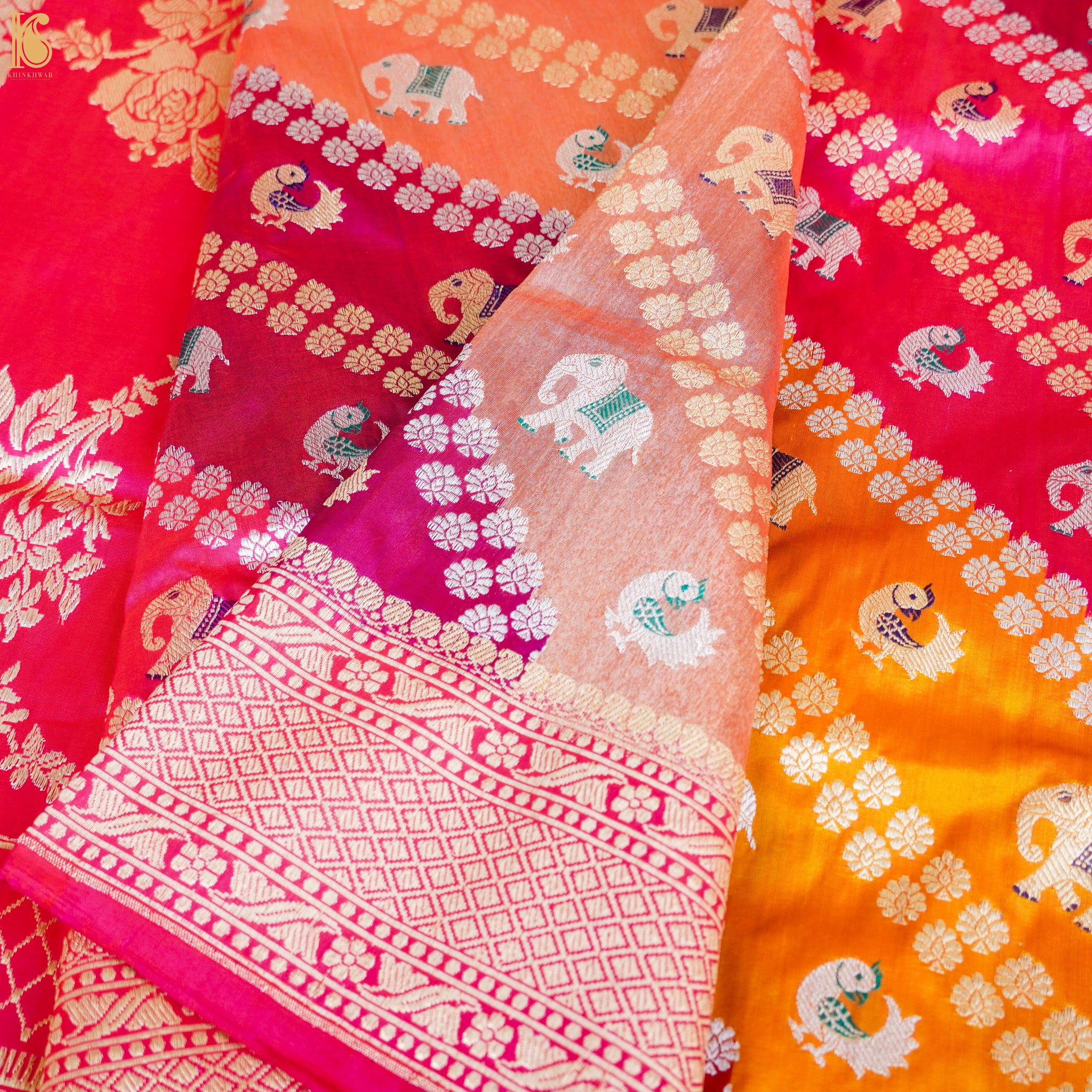 Handwoven Pure Katan Silk Banarasi Kadwa Rangkat Elephant Saree - Khinkhwab