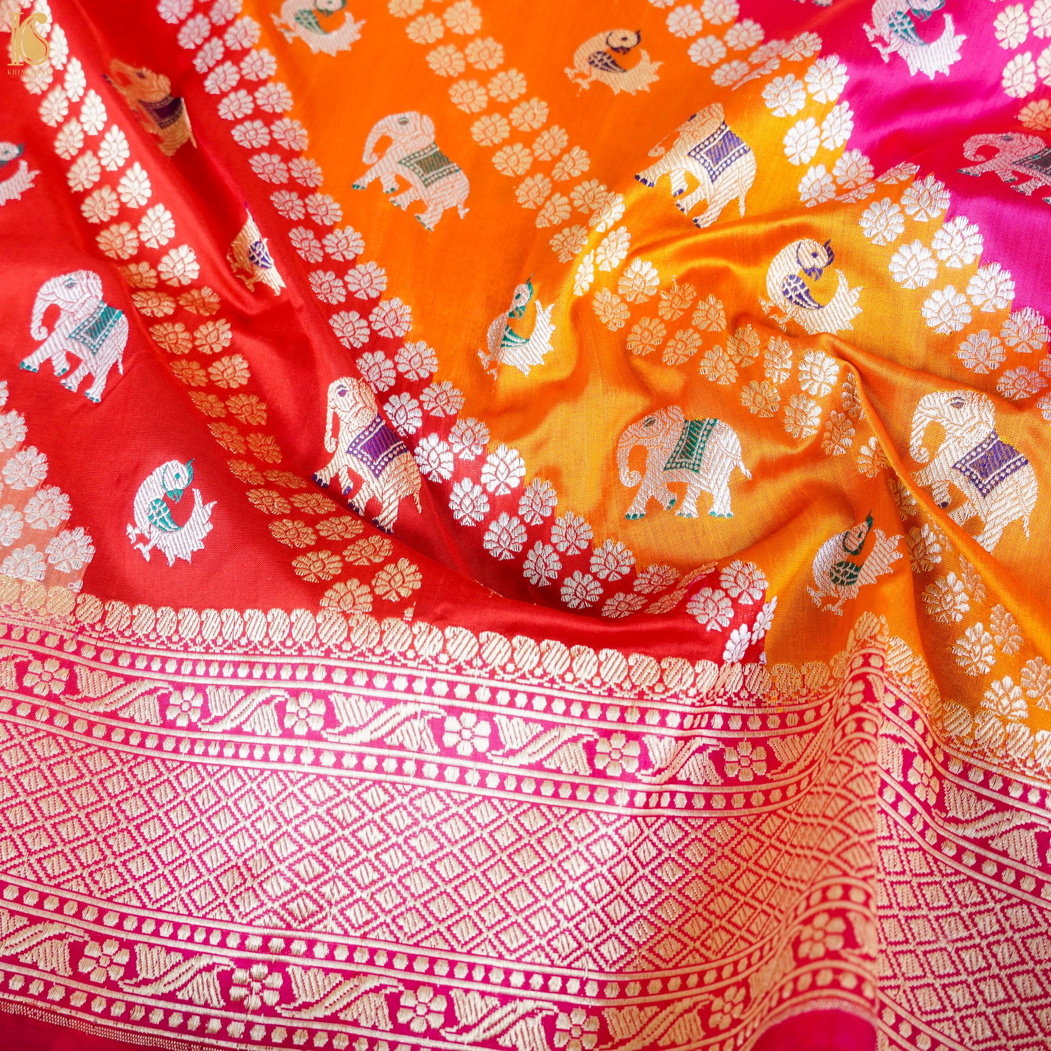 Handwoven Pure Katan Silk Banarasi Kadwa Rangkat Elephant Saree - Khinkhwab