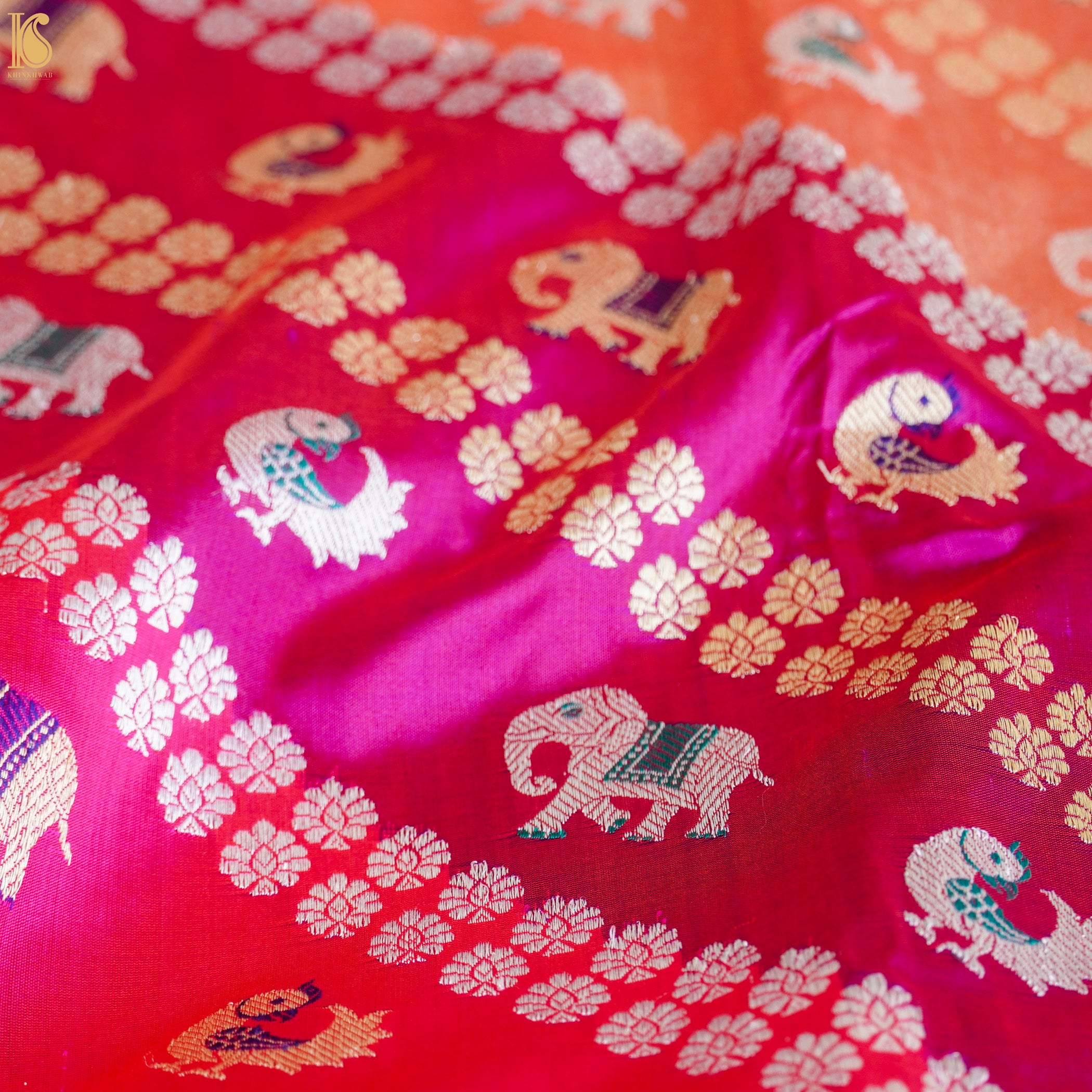 Handwoven Pure Katan Silk Banarasi Kadwa Rangkat Elephant Saree - Khinkhwab