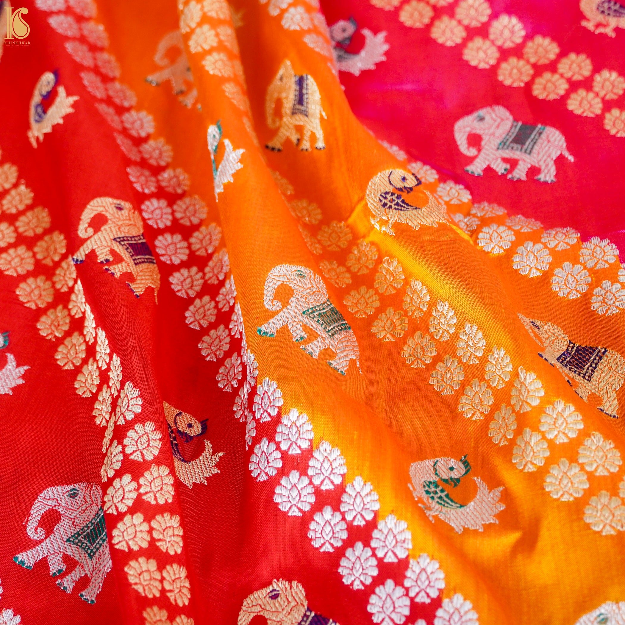Handwoven Pure Katan Silk Banarasi Kadwa Rangkat Elephant Saree - Khinkhwab