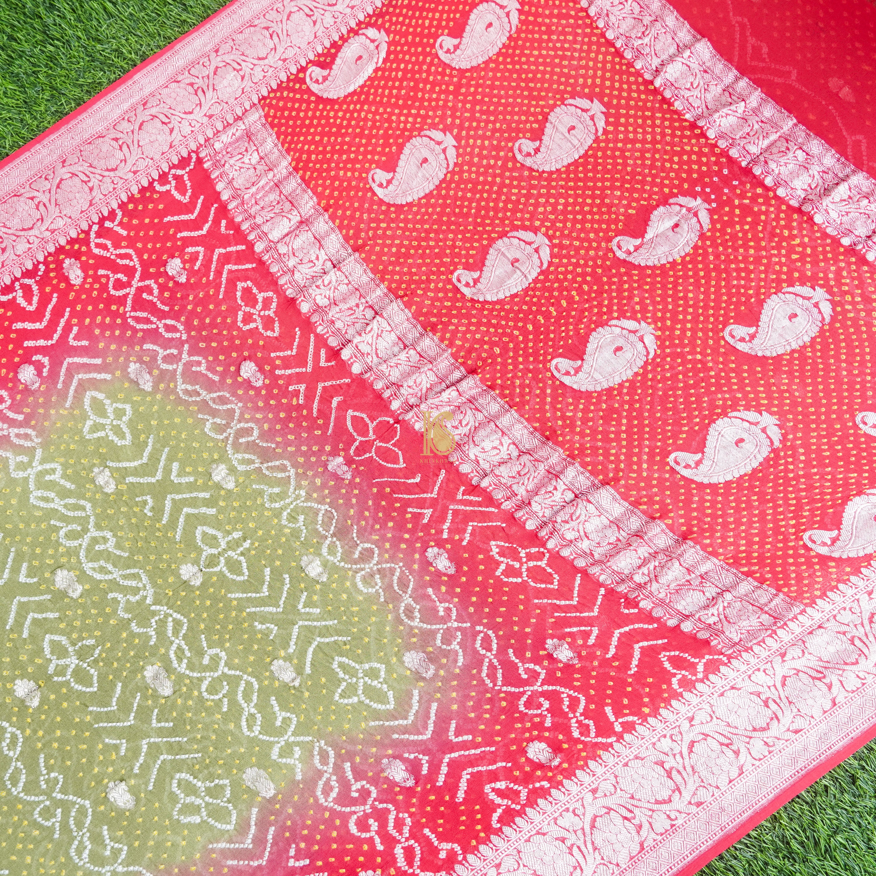 Brink Pink & Green Pure Georgette Handloom Banarasi Bandhani Saree - Khinkhwab