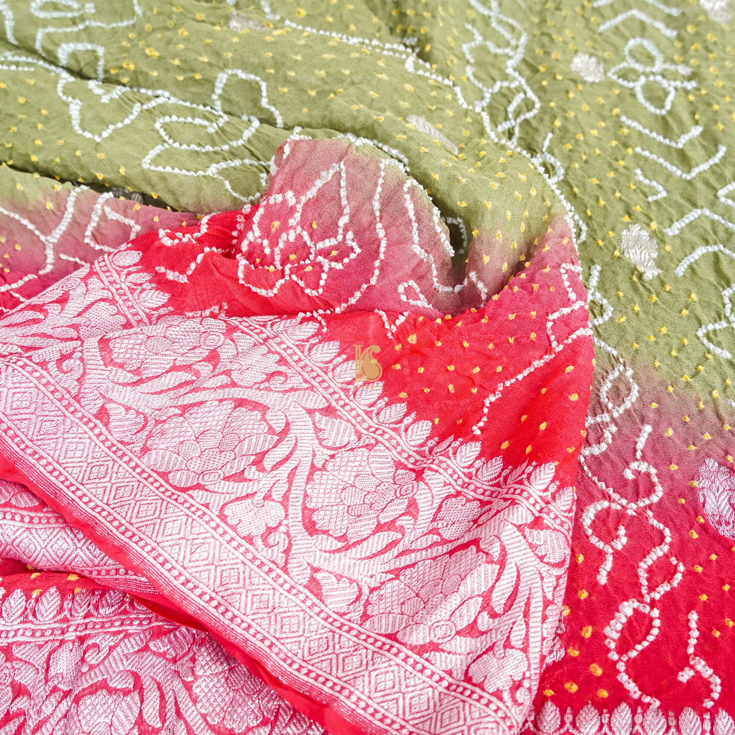 Brink Pink & Green Pure Georgette Handloom Banarasi Bandhani Saree - Khinkhwab