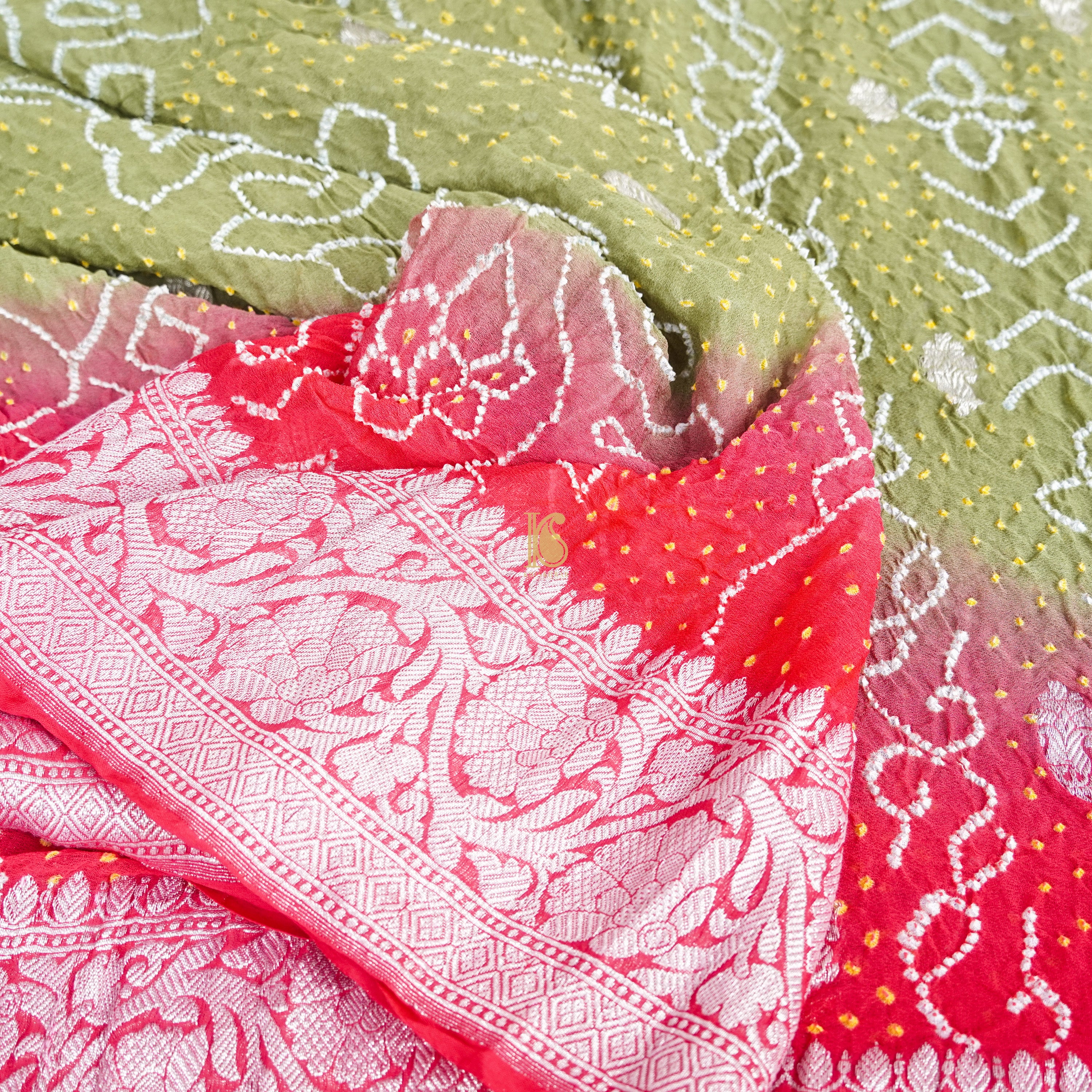 Brink Pink & Green Pure Georgette Handloom Banarasi Bandhani Saree - Khinkhwab
