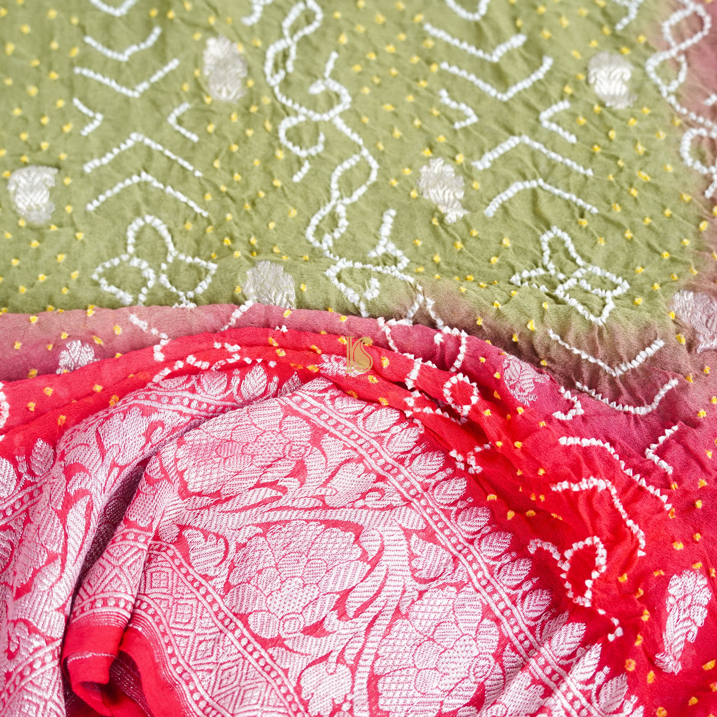 Brink Pink & Green Pure Georgette Handloom Banarasi Bandhani Saree - Khinkhwab