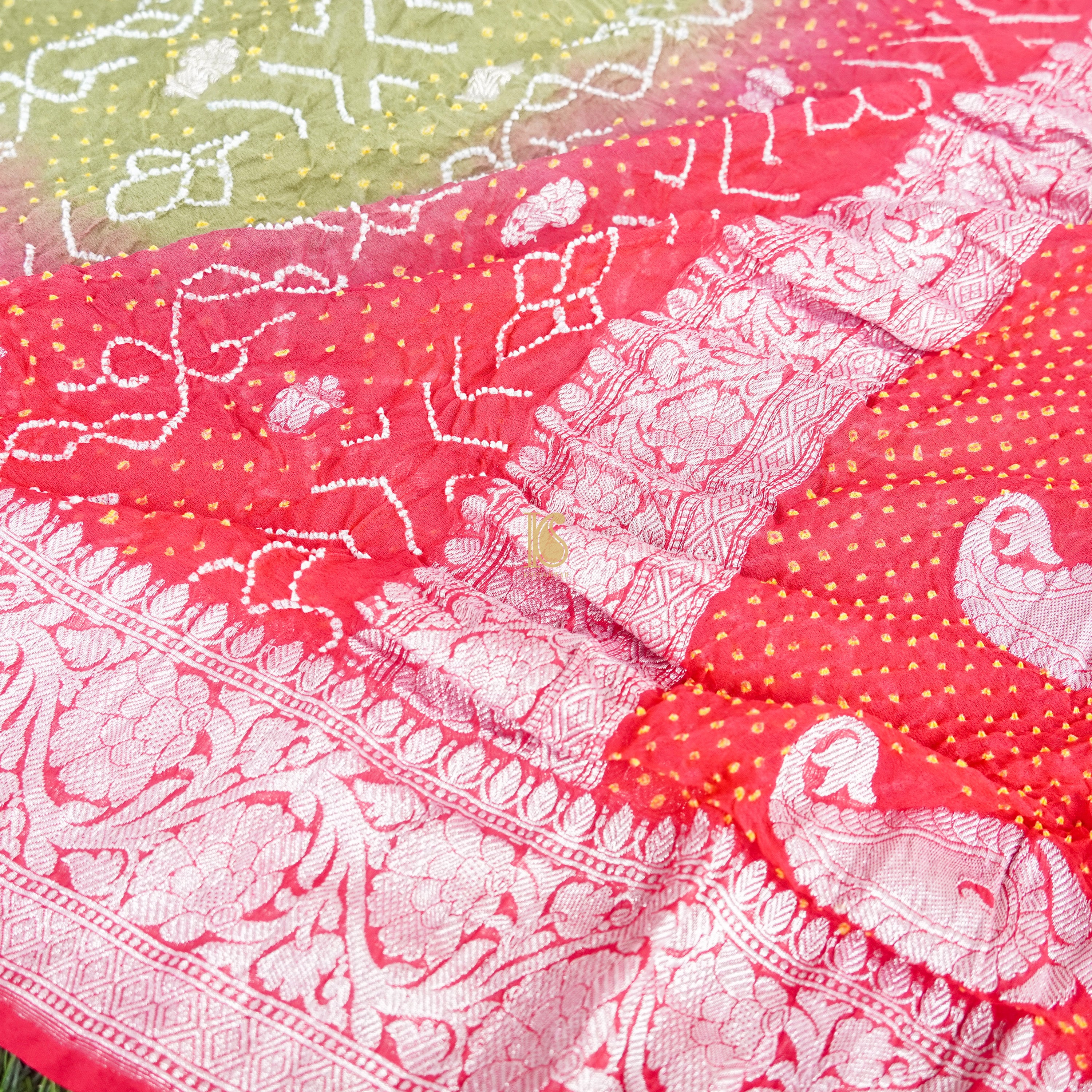 Brink Pink & Green Pure Georgette Handloom Banarasi Bandhani Saree - Khinkhwab