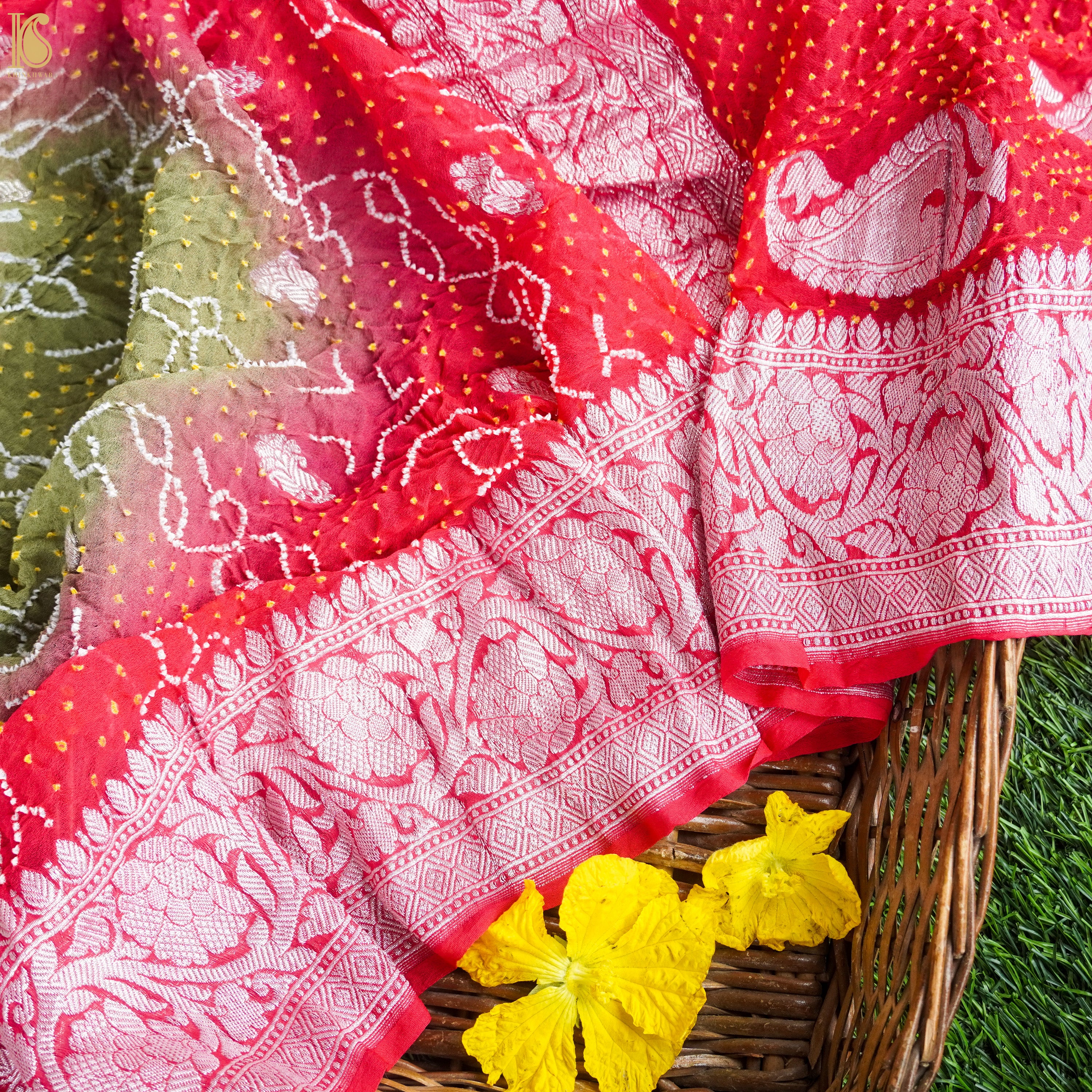Brink Pink & Green Pure Georgette Handloom Banarasi Bandhani Saree - Khinkhwab