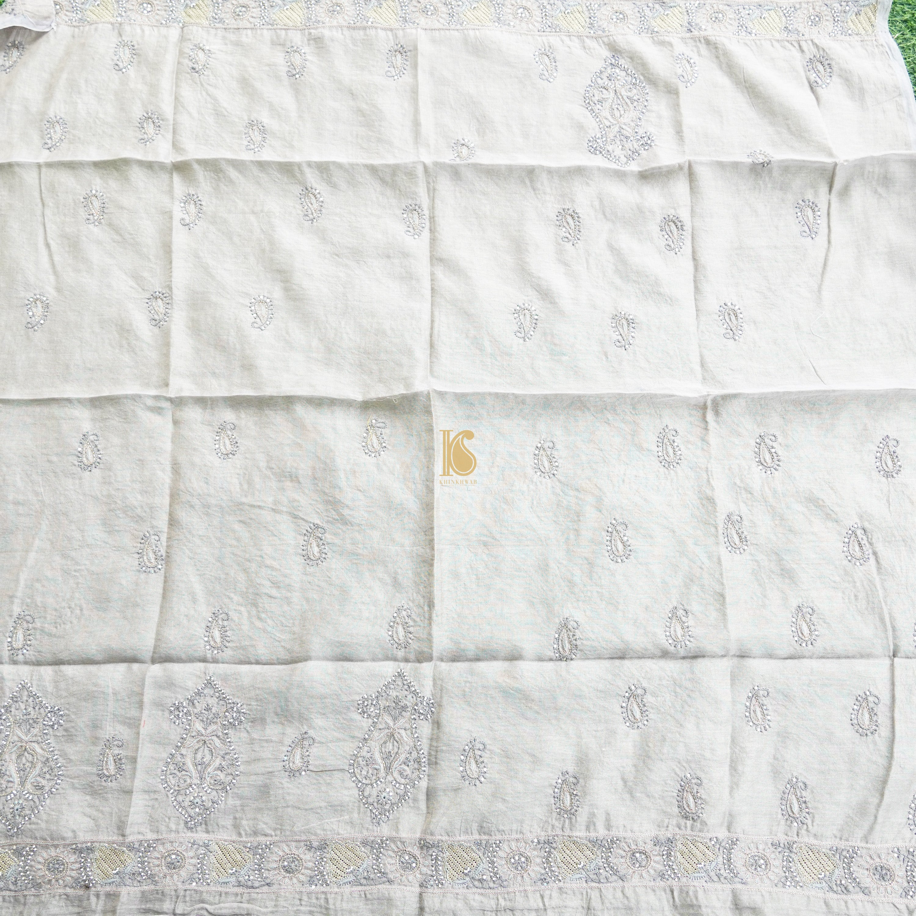 Harp White Chikankari Pure Handloom Tissue Chanderi Blouse Fabric - Khinkhwab