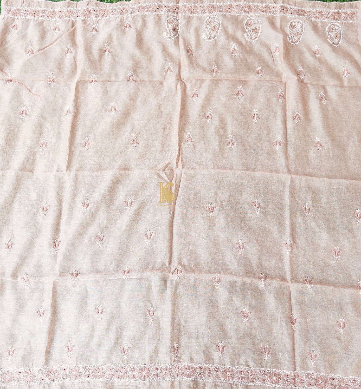 Dust Storm Pink Chikankari Pure Handloom Tissue Chanderi Blouse Fabric - Khinkhwab