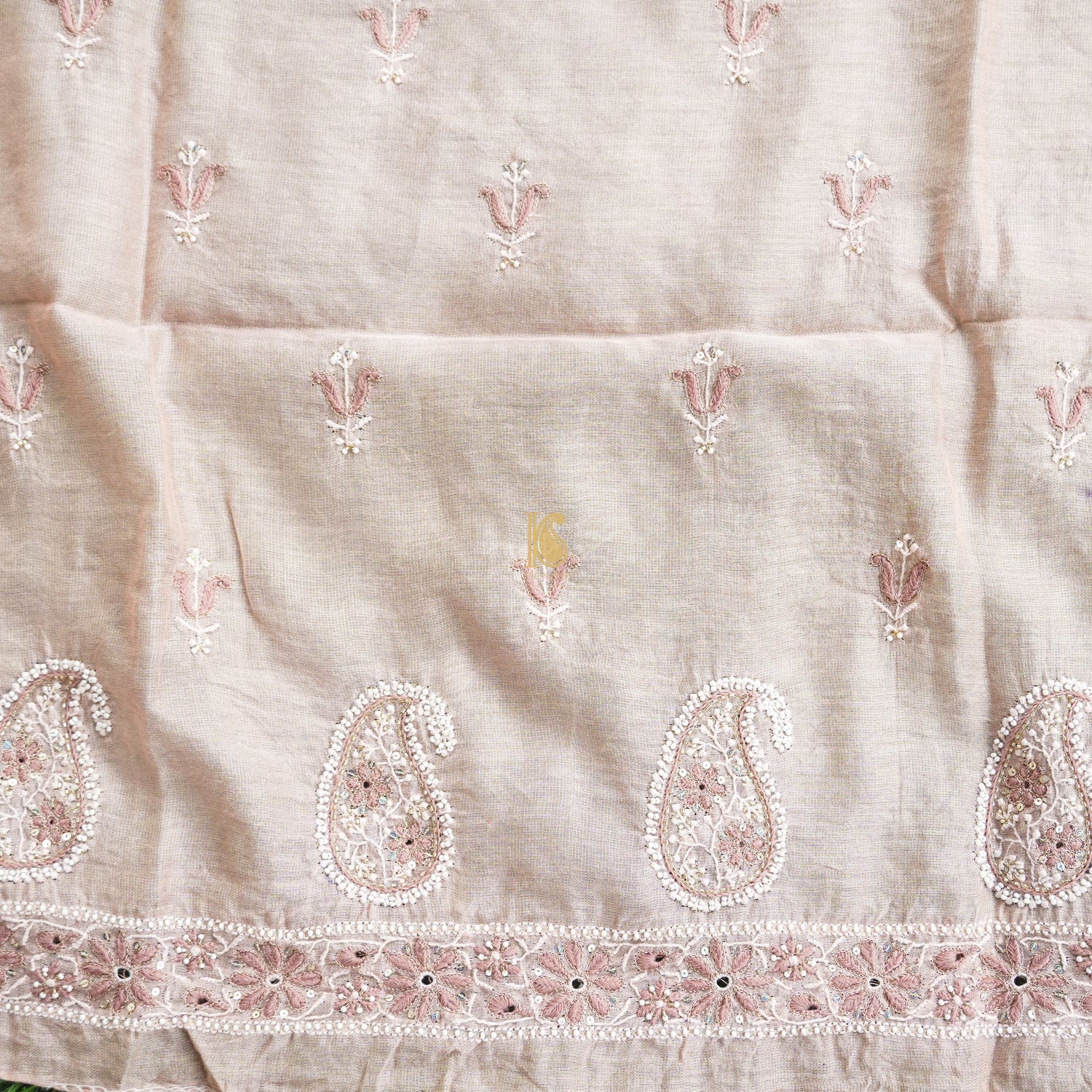 Dust Storm Pink Chikankari Pure Handloom Tissue Chanderi Blouse Fabric - Khinkhwab