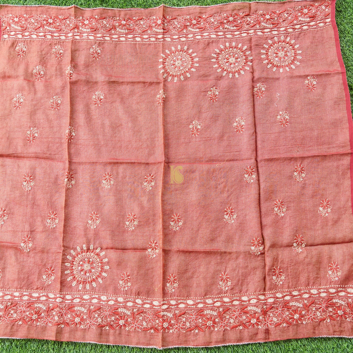 Sea Pink Chikankari Pure Handloom Tissue Chanderi Blouse Fabric - Khinkhwab