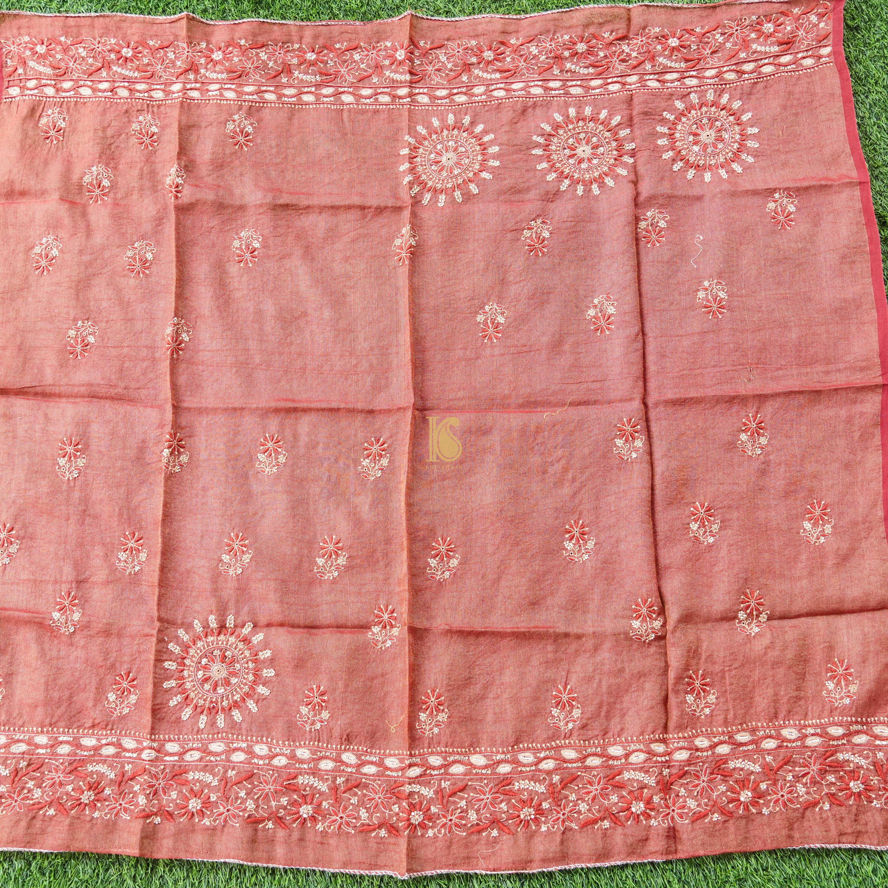 Sea Pink Chikankari Pure Handloom Tissue Chanderi Blouse Fabric - Khinkhwab