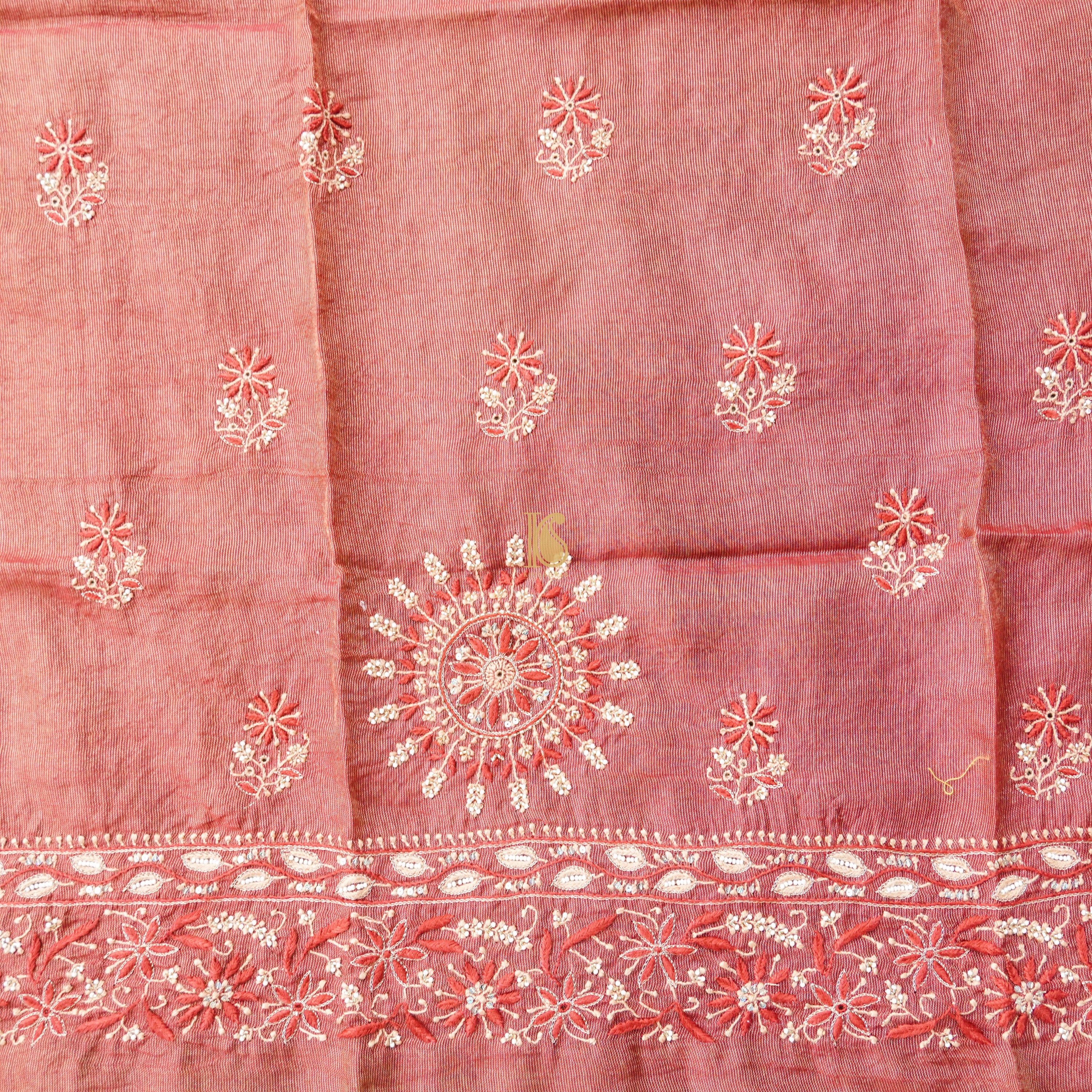 Sea Pink Chikankari Pure Handloom Tissue Chanderi Blouse Fabric - Khinkhwab