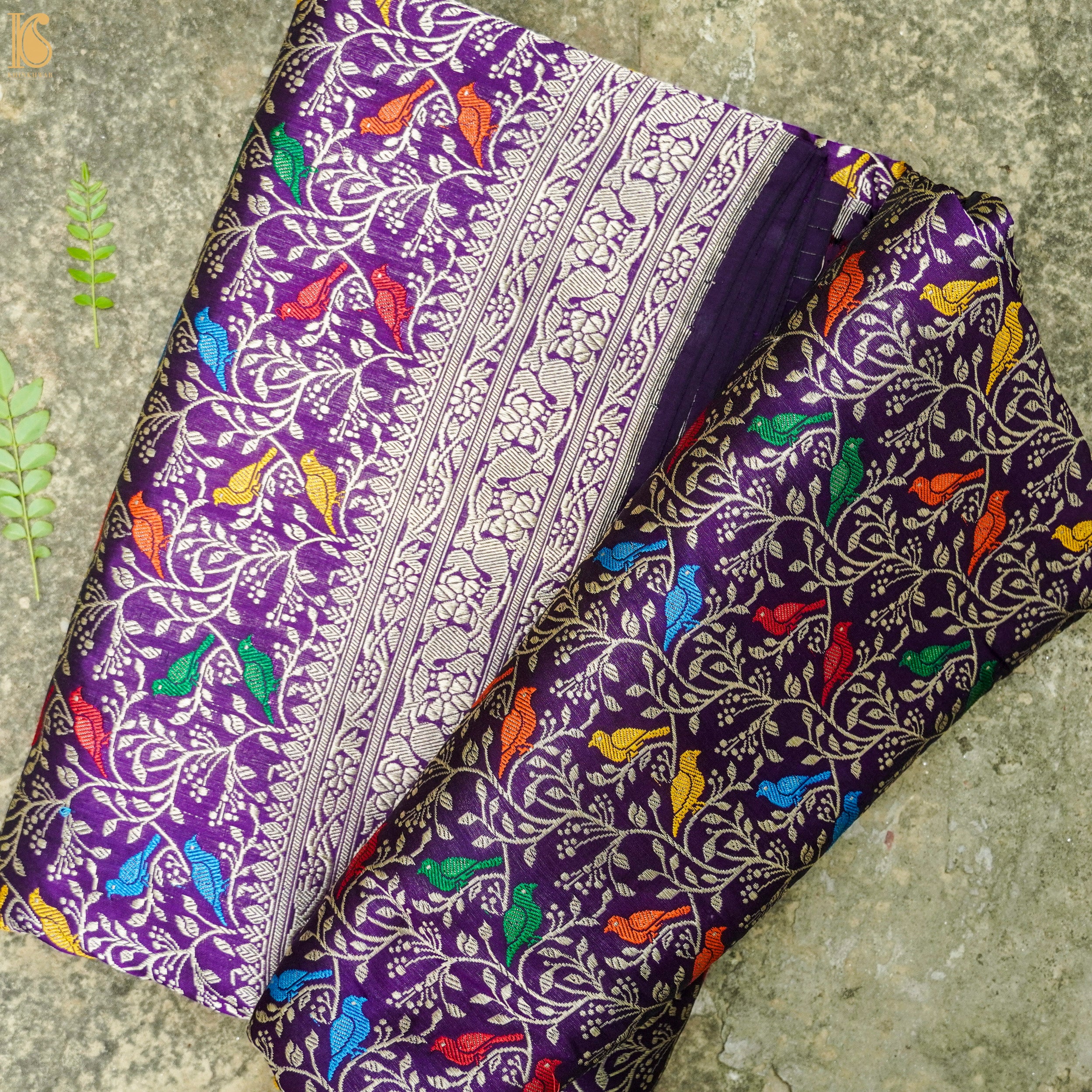 Handloom Katan Silk Vivid Violet Banarasi Chidiya Saree - Khinkhwab