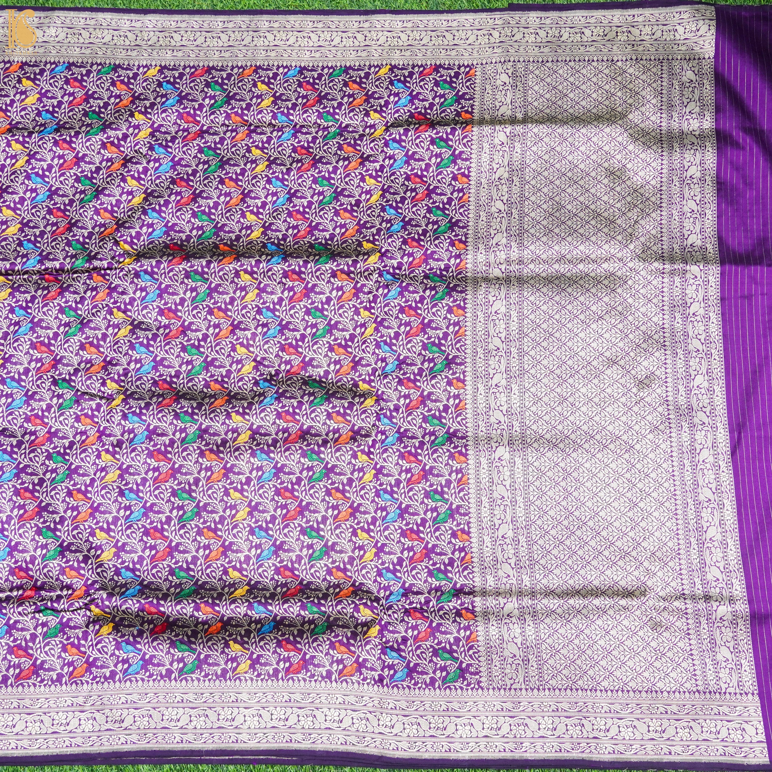 Handloom Katan Silk Vivid Violet Banarasi Chidiya Saree - Khinkhwab