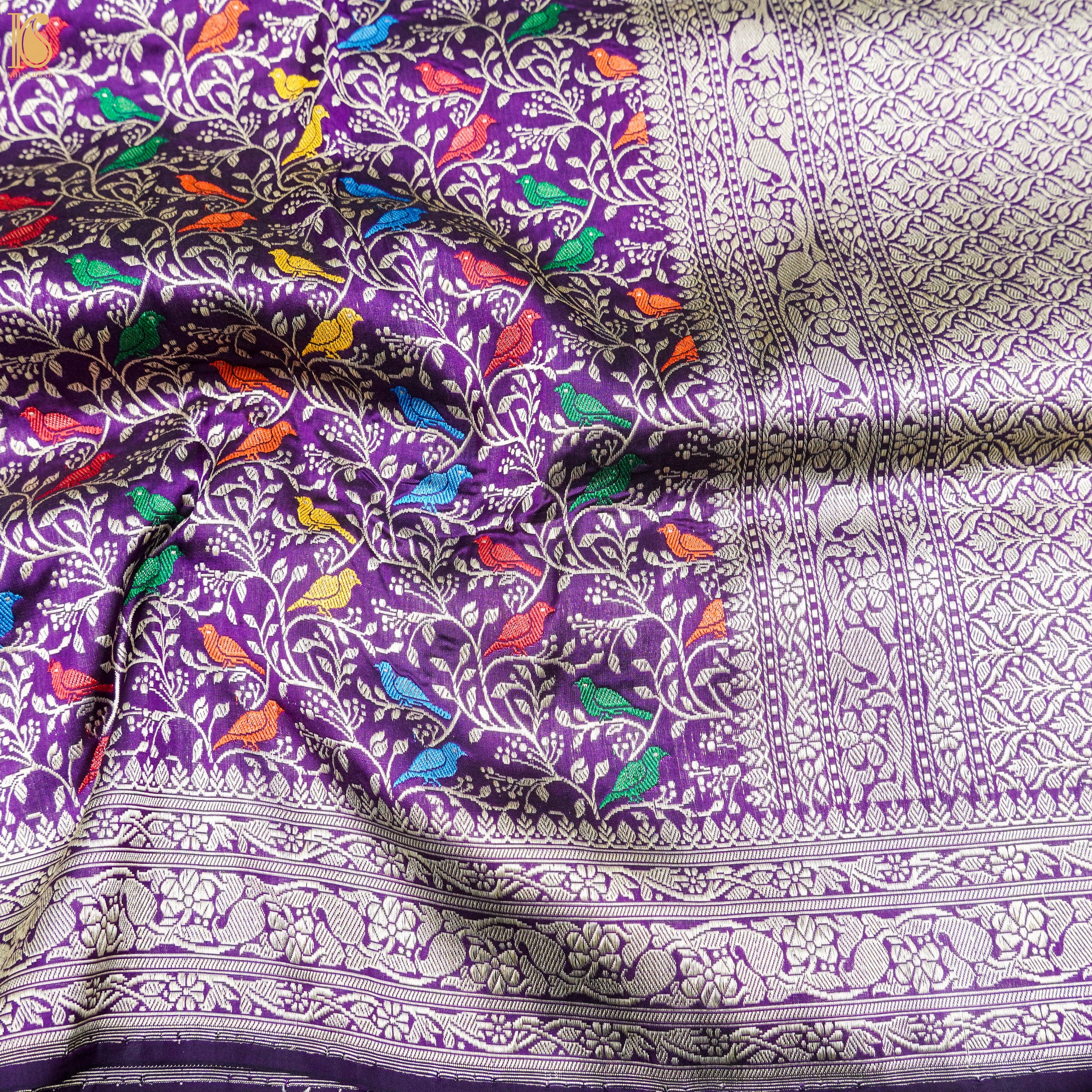 Handloom Katan Silk Vivid Violet Banarasi Chidiya Saree - Khinkhwab