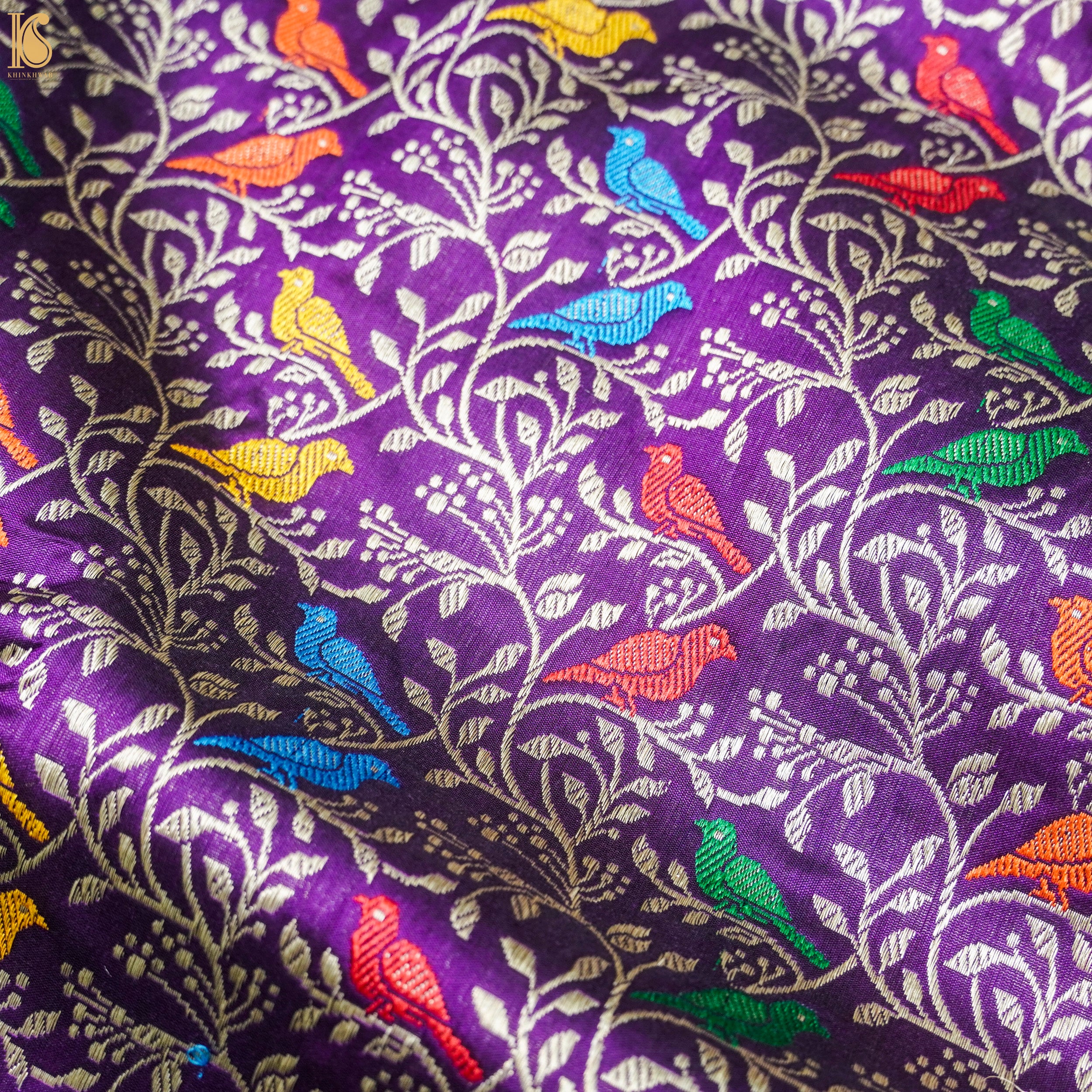 Handloom Katan Silk Vivid Violet Banarasi Chidiya Saree - Khinkhwab