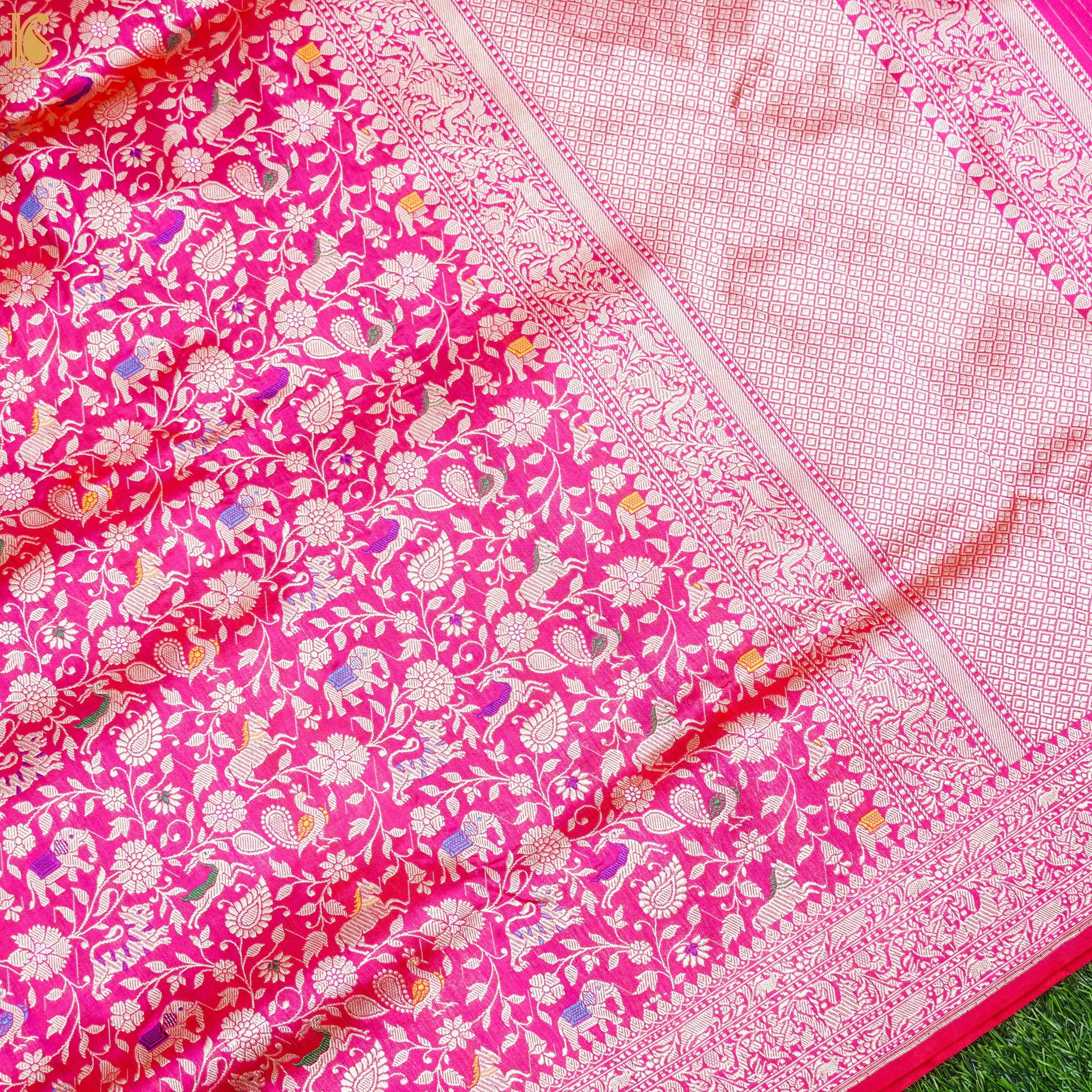 Handloom Katan Silk Banarasi Shikargah Pink Saree - Pre Order - Khinkhwab