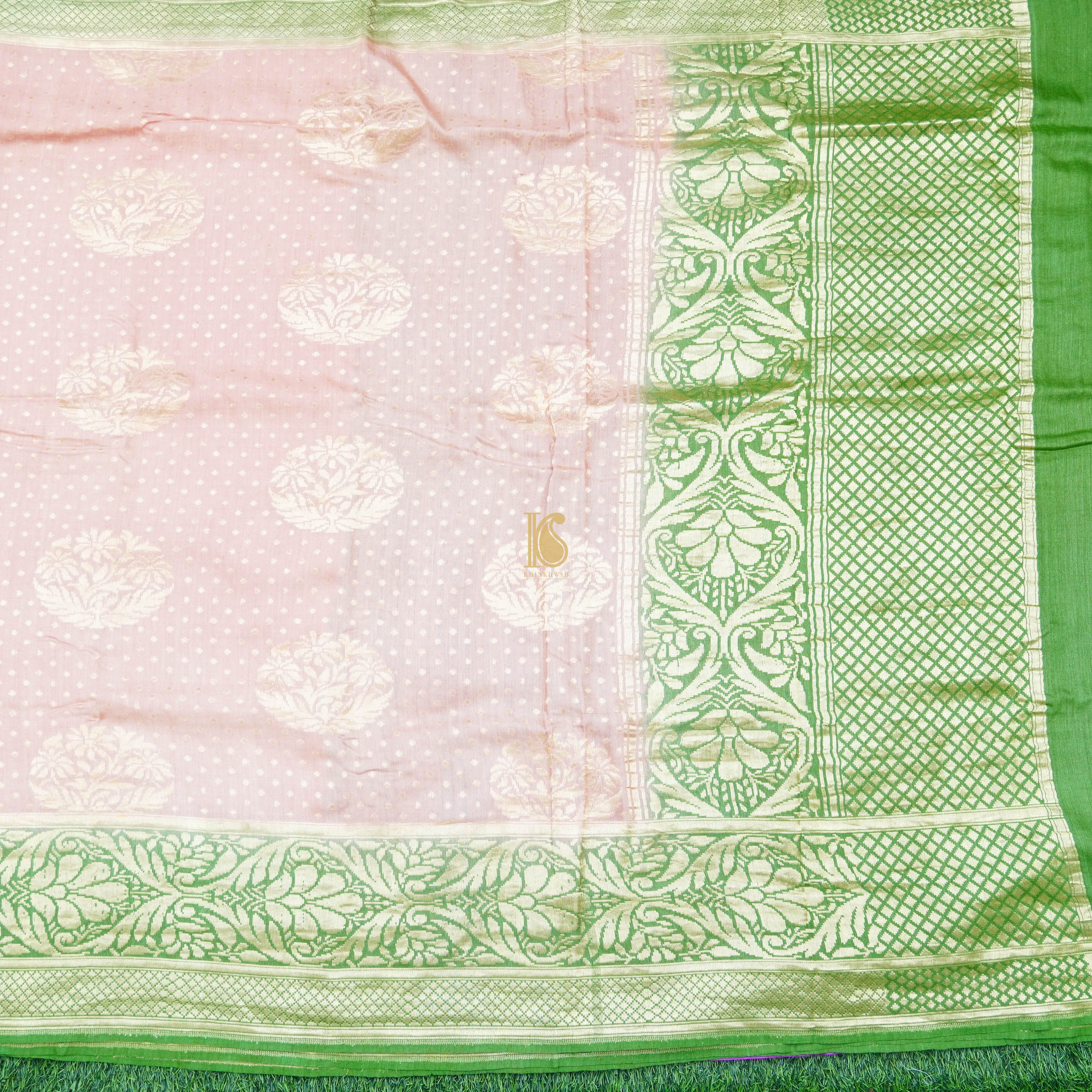 Pink & Green Pure Moonga Silk Handloom Banarasi Saree - Khinkhwab