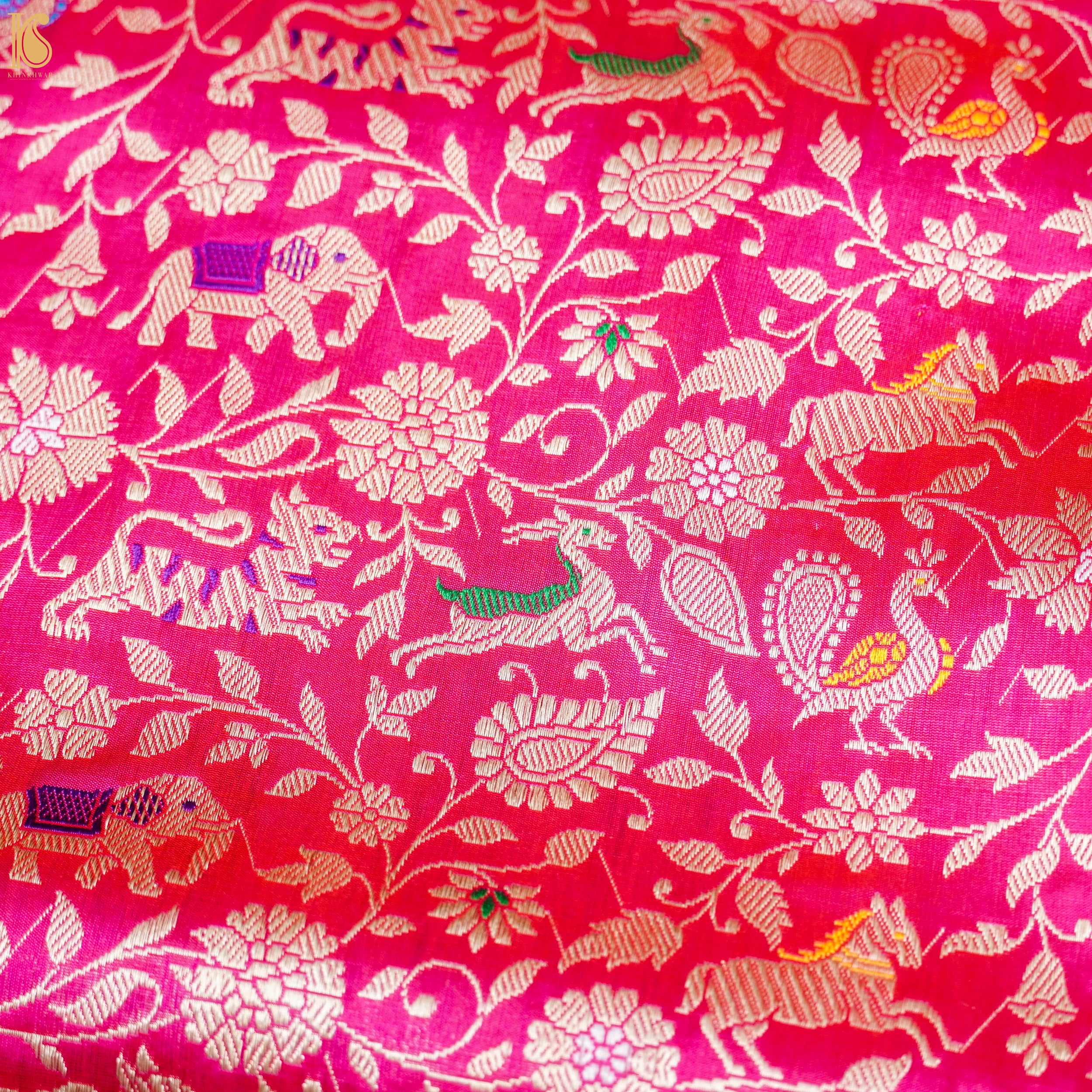 Handloom Katan Silk Banarasi Shikargah Pink Saree - Pre Order - Khinkhwab