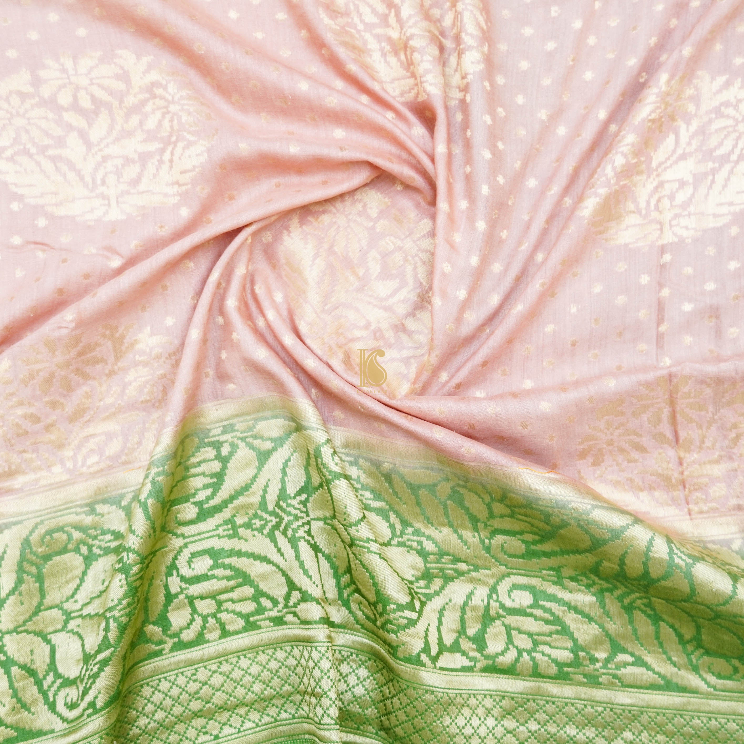 Pink & Green Pure Moonga Silk Handloom Banarasi Saree - Khinkhwab