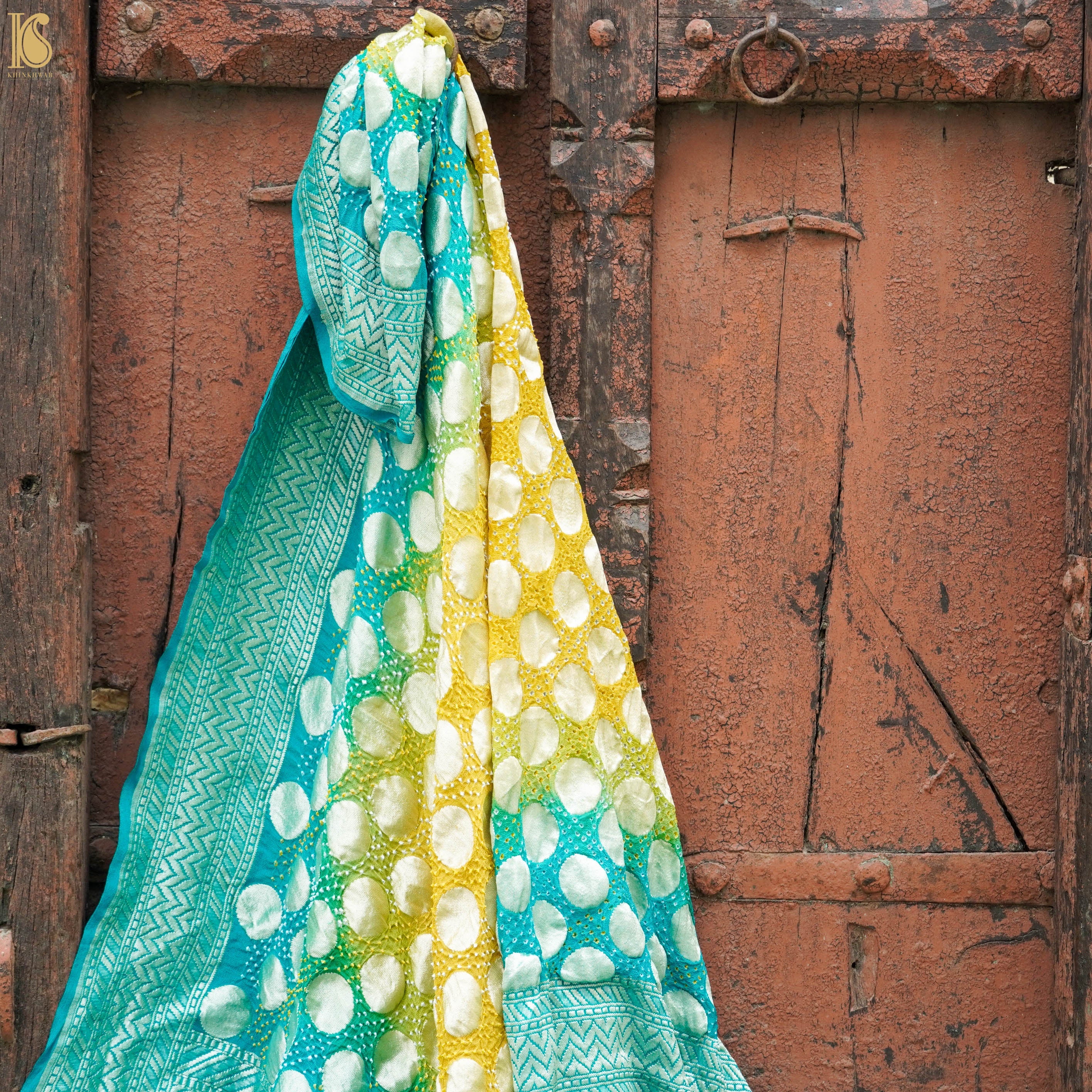 Green & Yellow Georgette Handloom Banarasi Bandhani Circle Dupatta - Khinkhwab