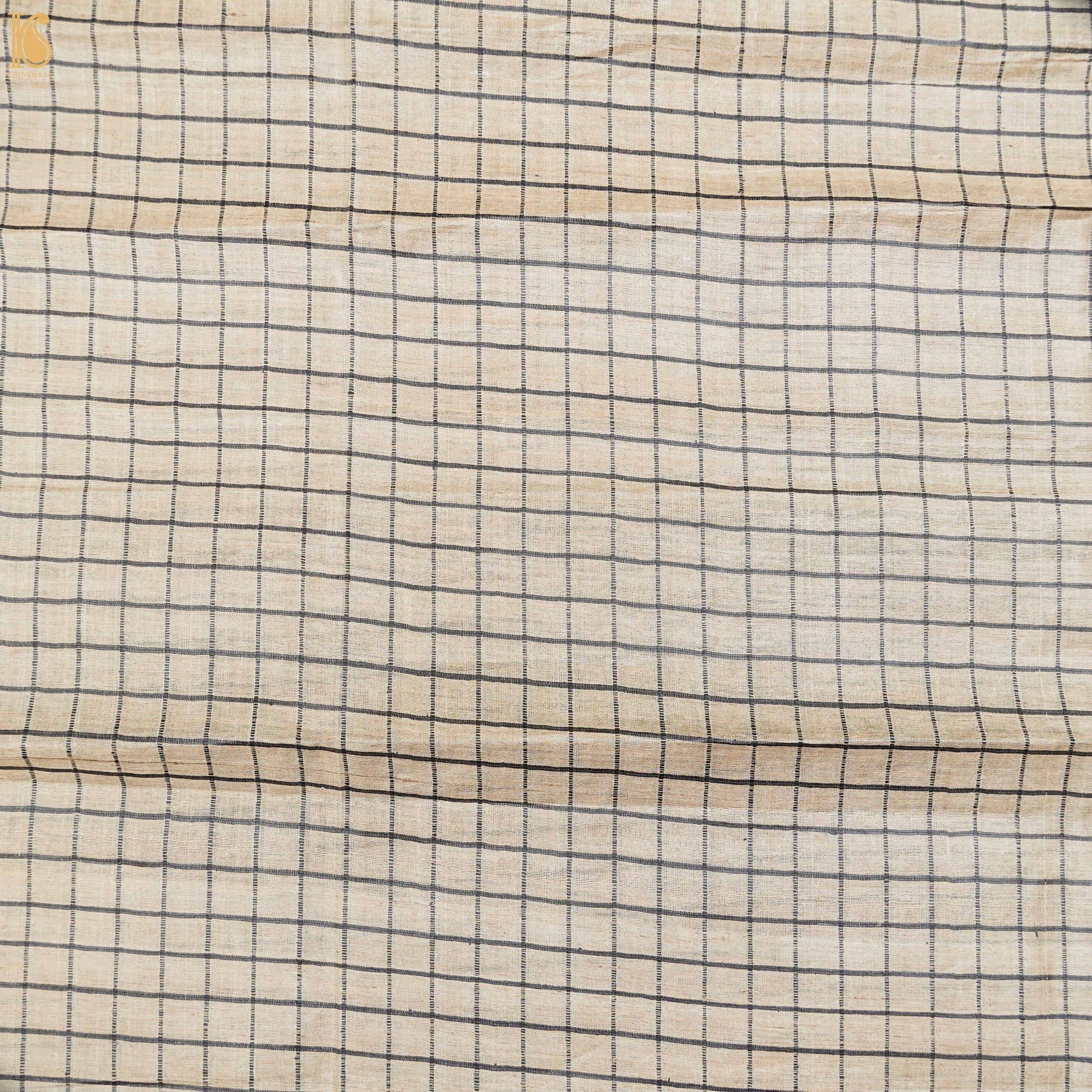 Handwoven Pure Desi Tussar Silk Check Banarasi Fabric - Khinkhwab