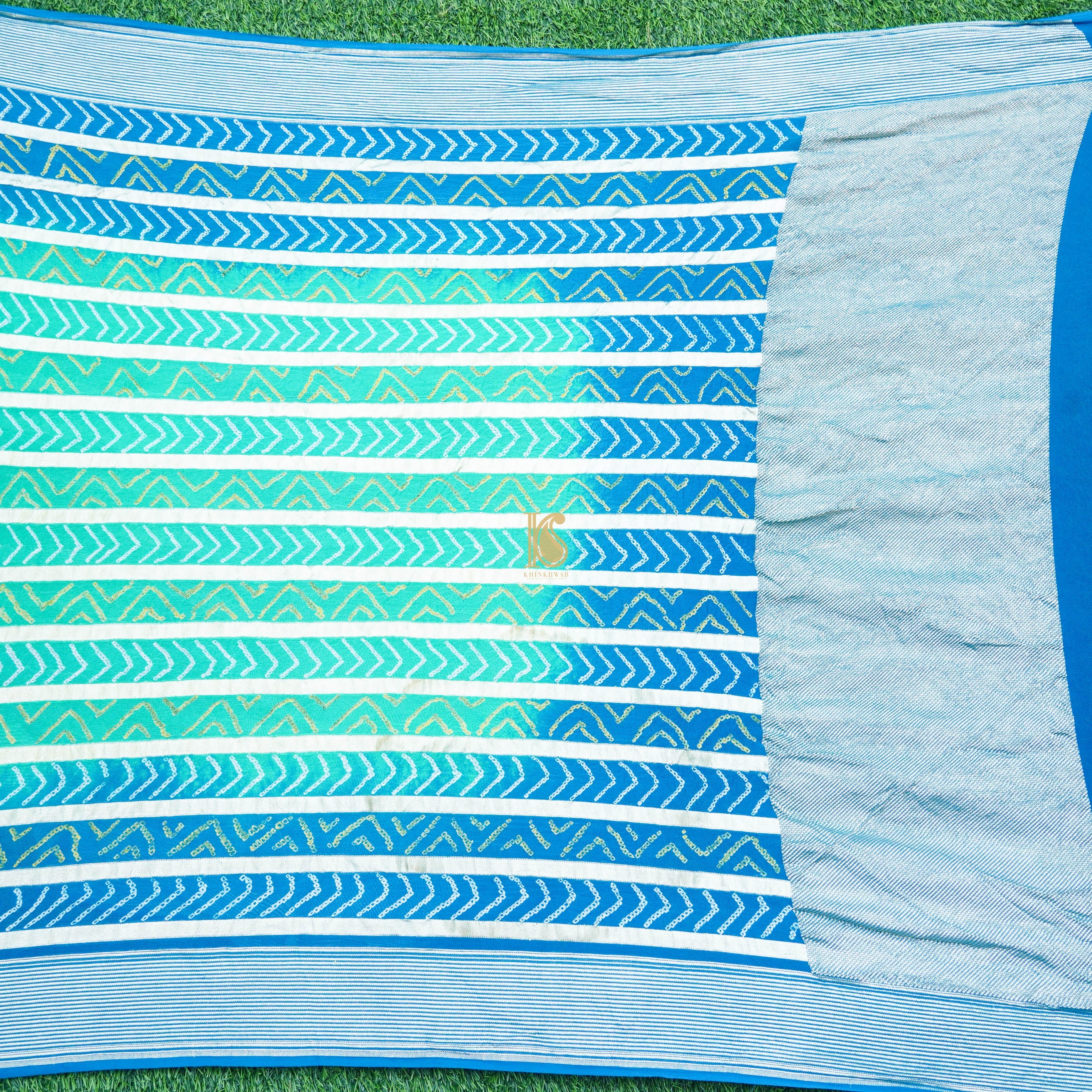 Blue & Green Georgette Handloom Banarasi Bandhani Stripes Dupatta - Khinkhwab