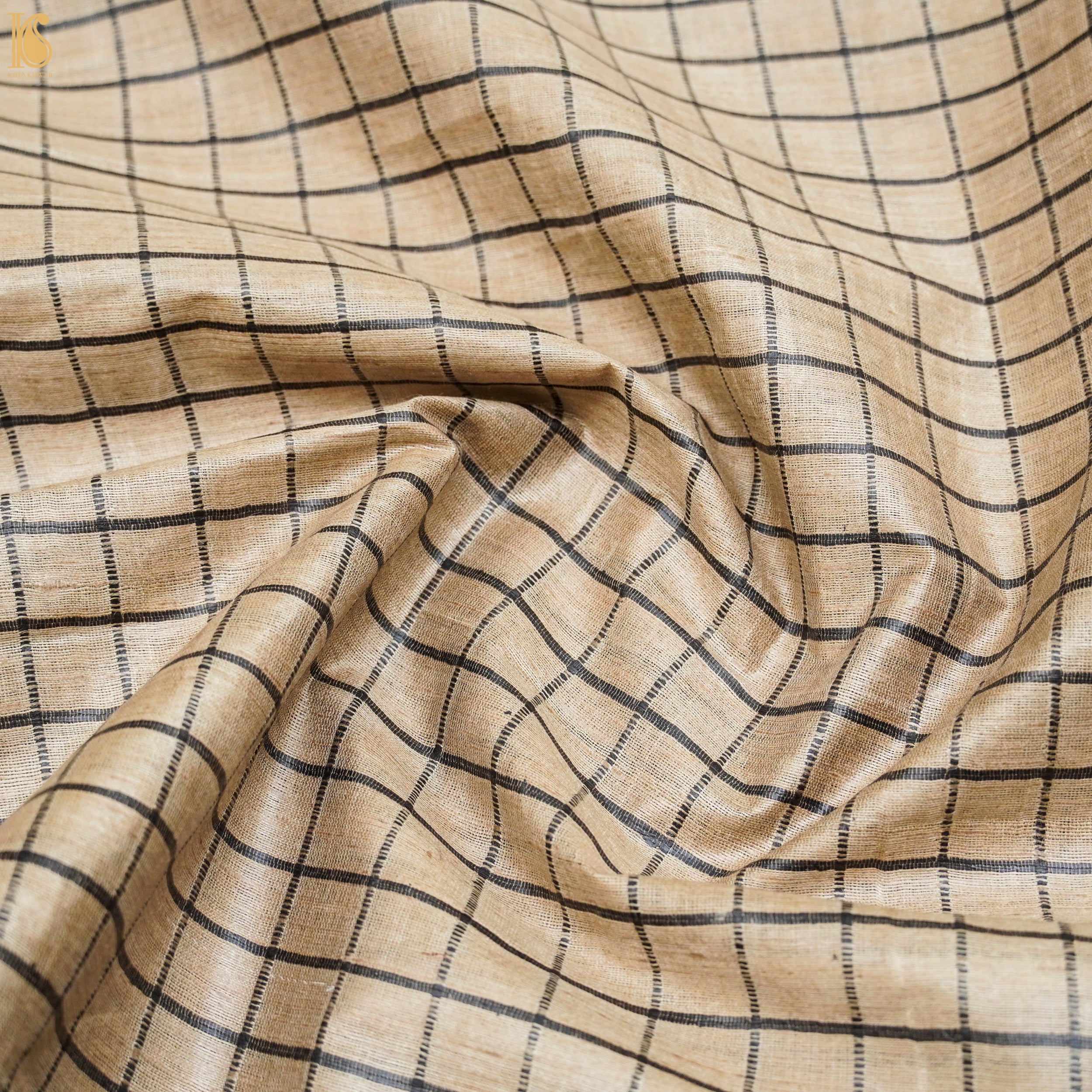 Handwoven Pure Desi Tussar Silk Check Banarasi Fabric - Khinkhwab