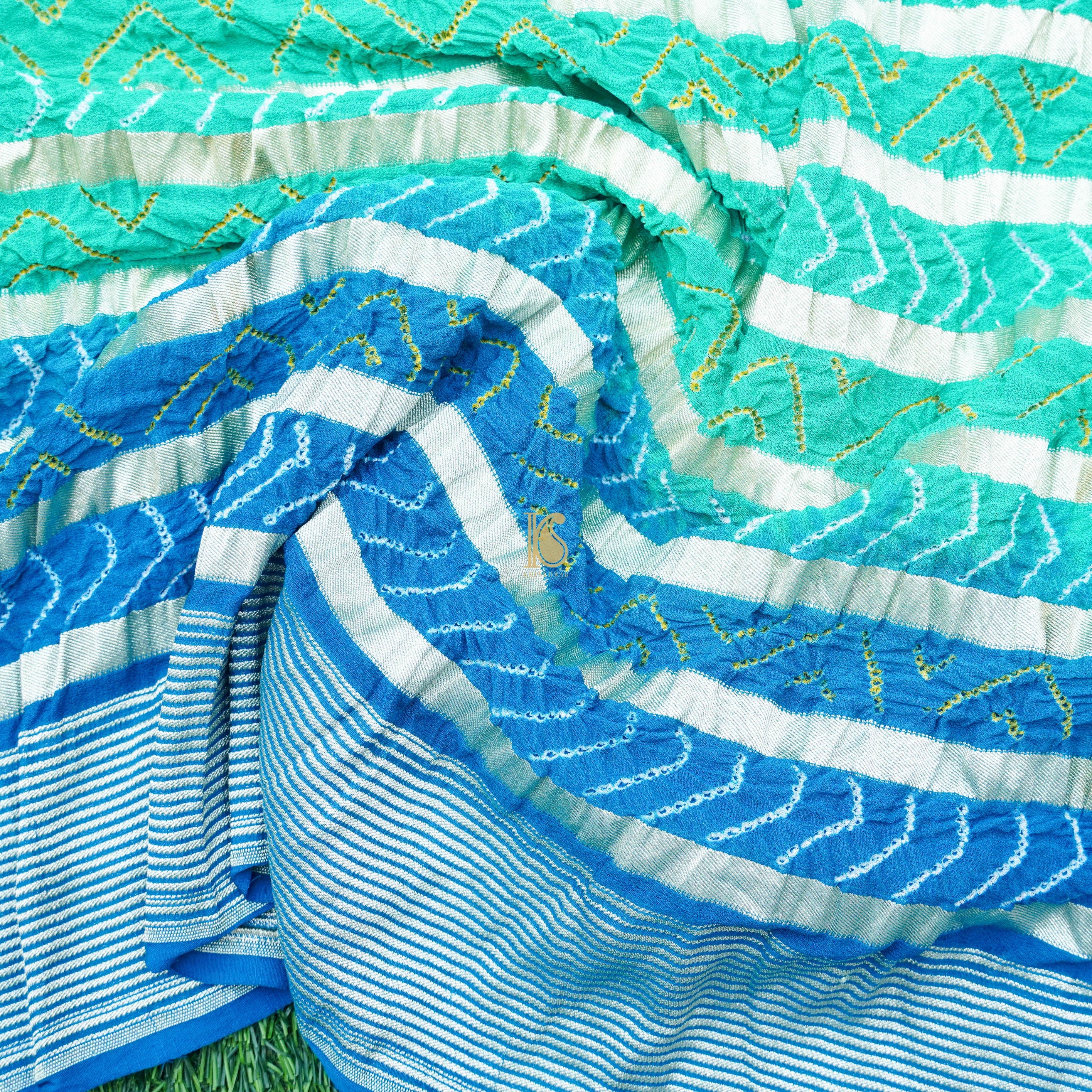 Blue & Green Georgette Handloom Banarasi Bandhani Stripes Dupatta - Khinkhwab