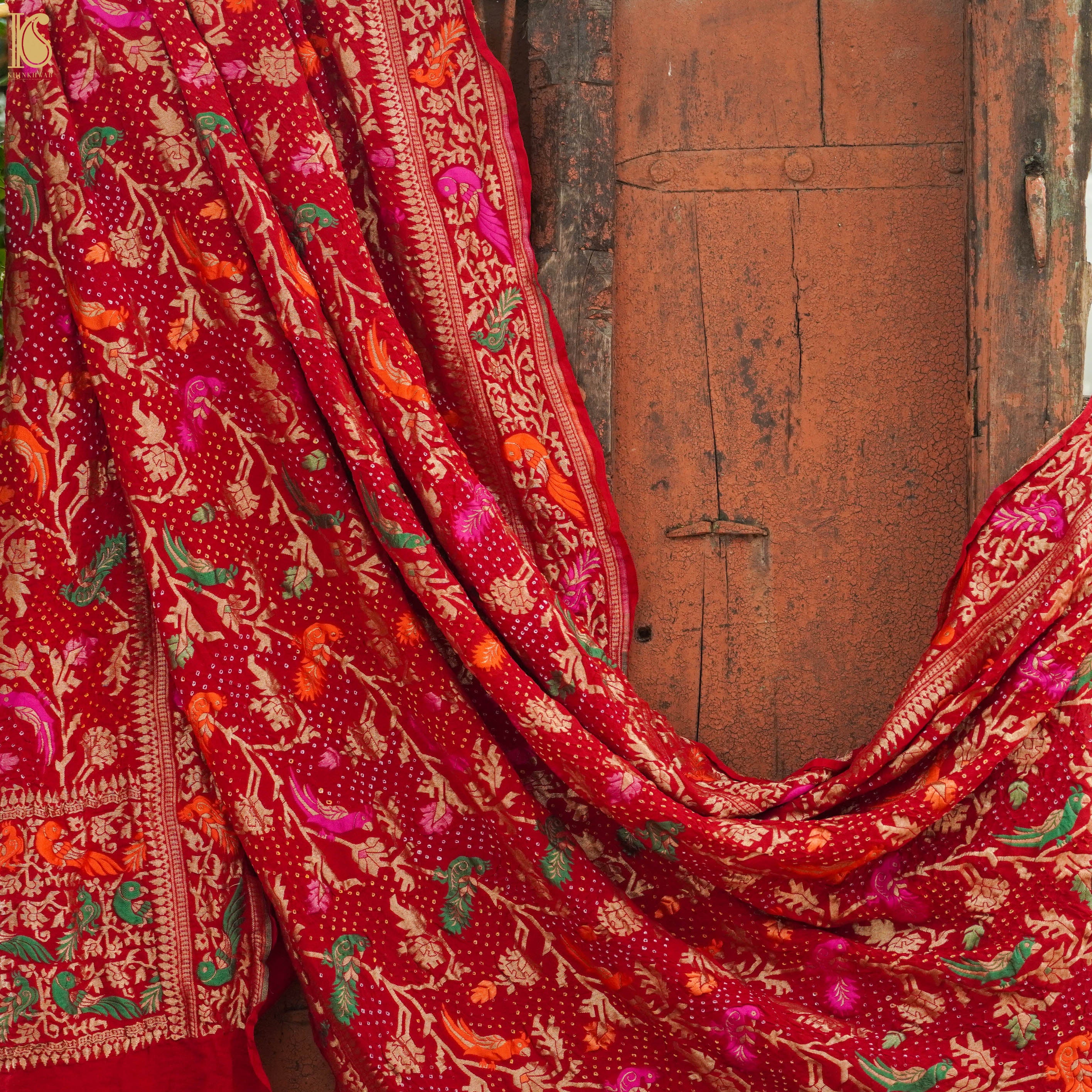 Preorder - Pure Georgette Handloom Banarasi Birds Bandhani Dupatta - Khinkhwab