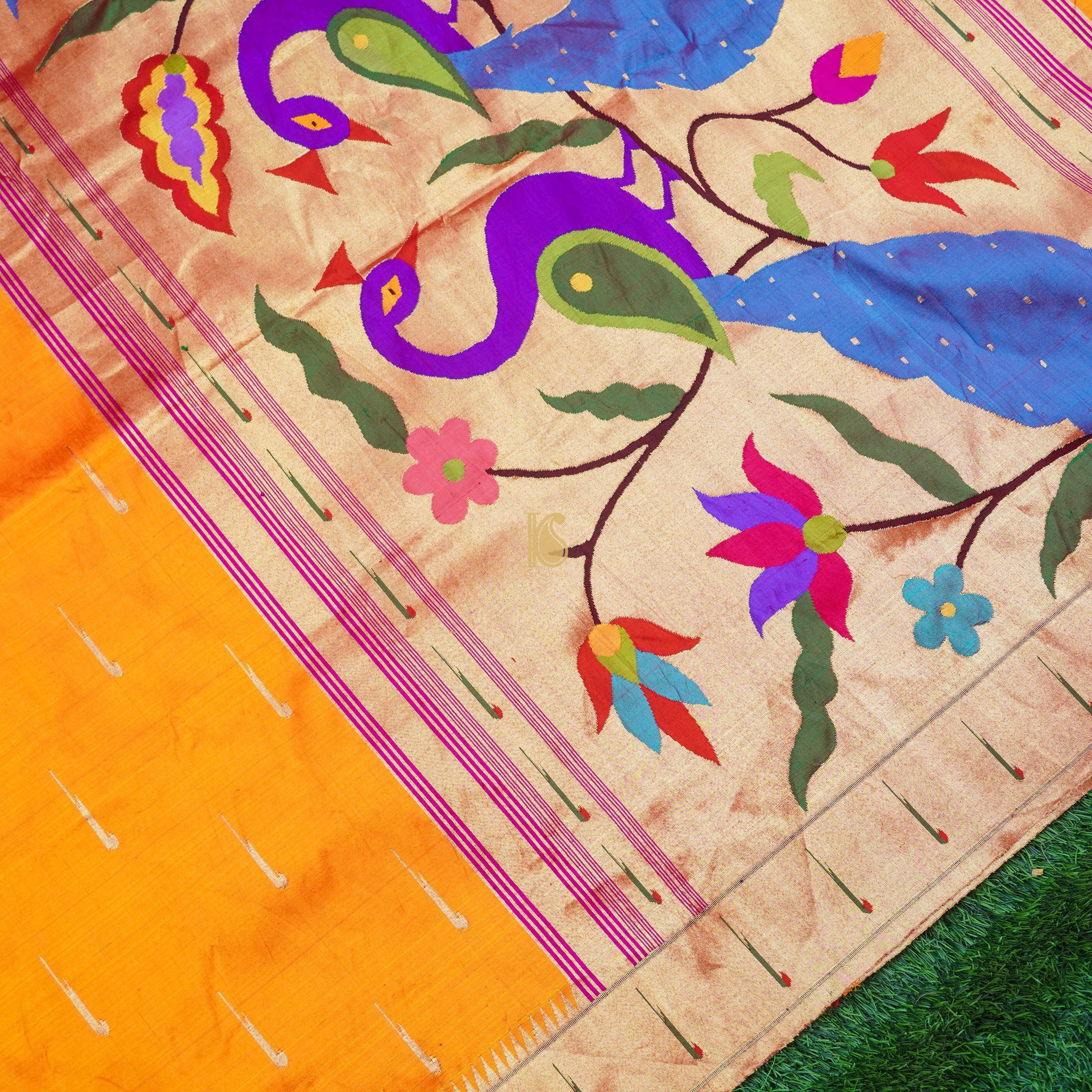 Orange Pure Silk Handwoven Paithani Saree with Muniya Border - Khinkhwab