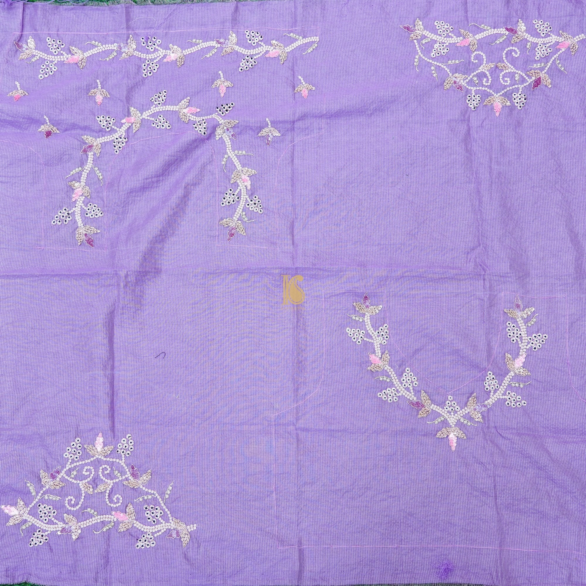 Silver & Purple Pure Fine Tissue Silk Pearl Embroidery Saree - Khinkhwab