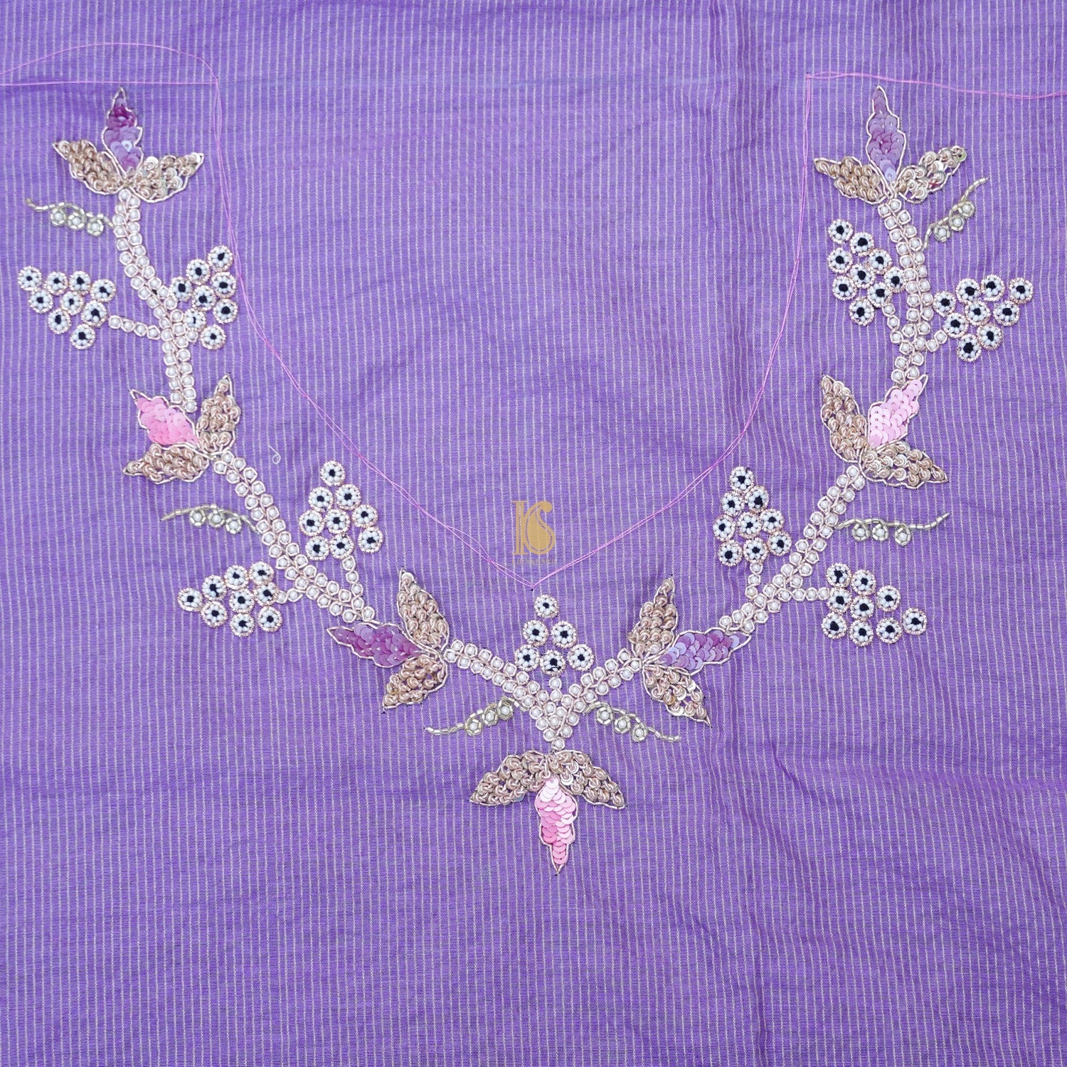 Silver & Purple Pure Fine Tissue Silk Pearl Embroidery Saree - Khinkhwab