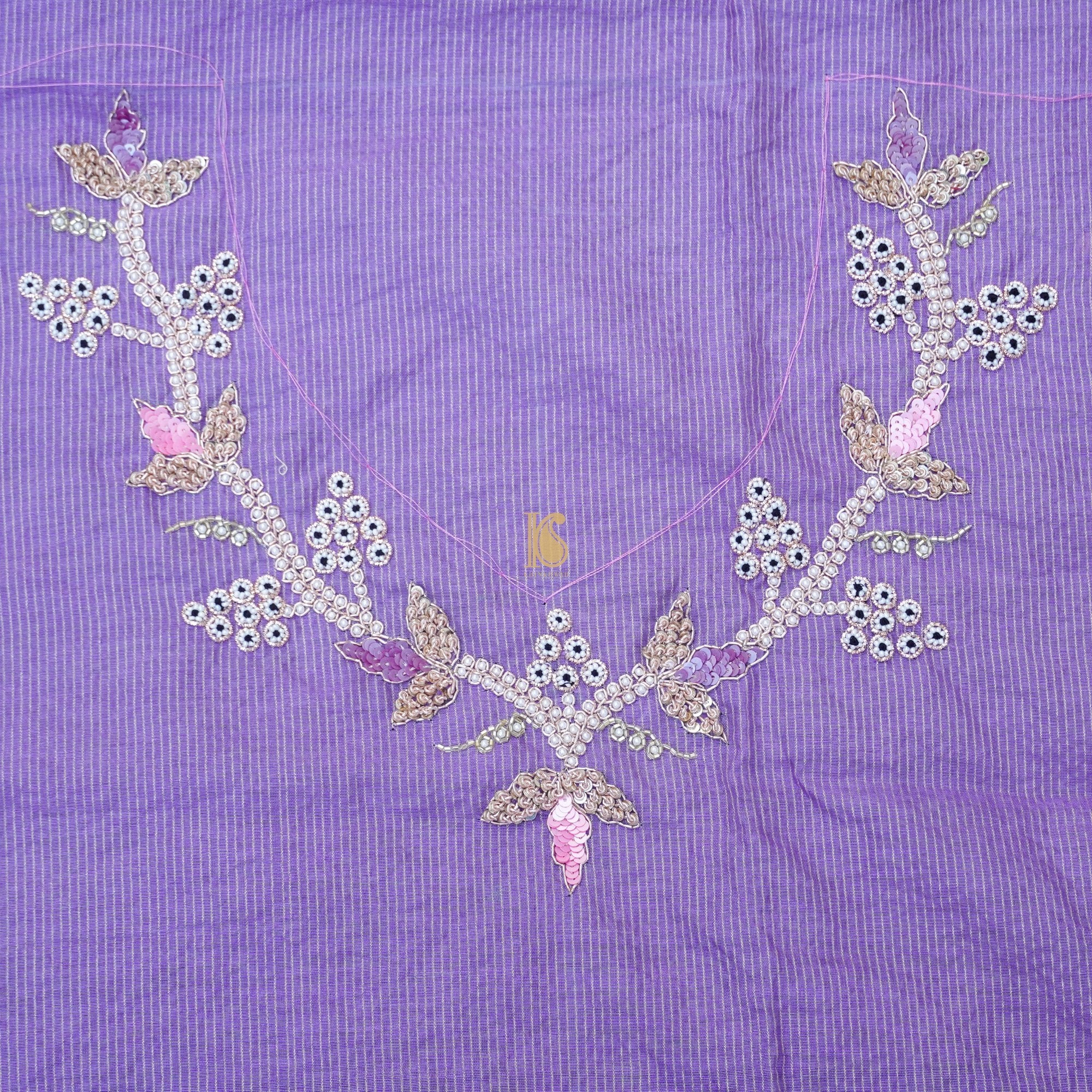 Silver & Purple Pure Fine Tissue Silk Pearl Embroidery Saree - Khinkhwab