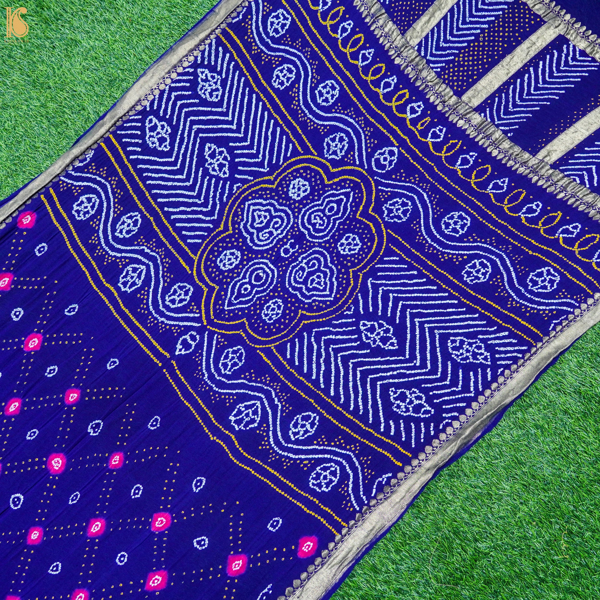 Midnight Blue Pure Georgette Handloom Banarasi Bandhani Saree - Khinkhwab