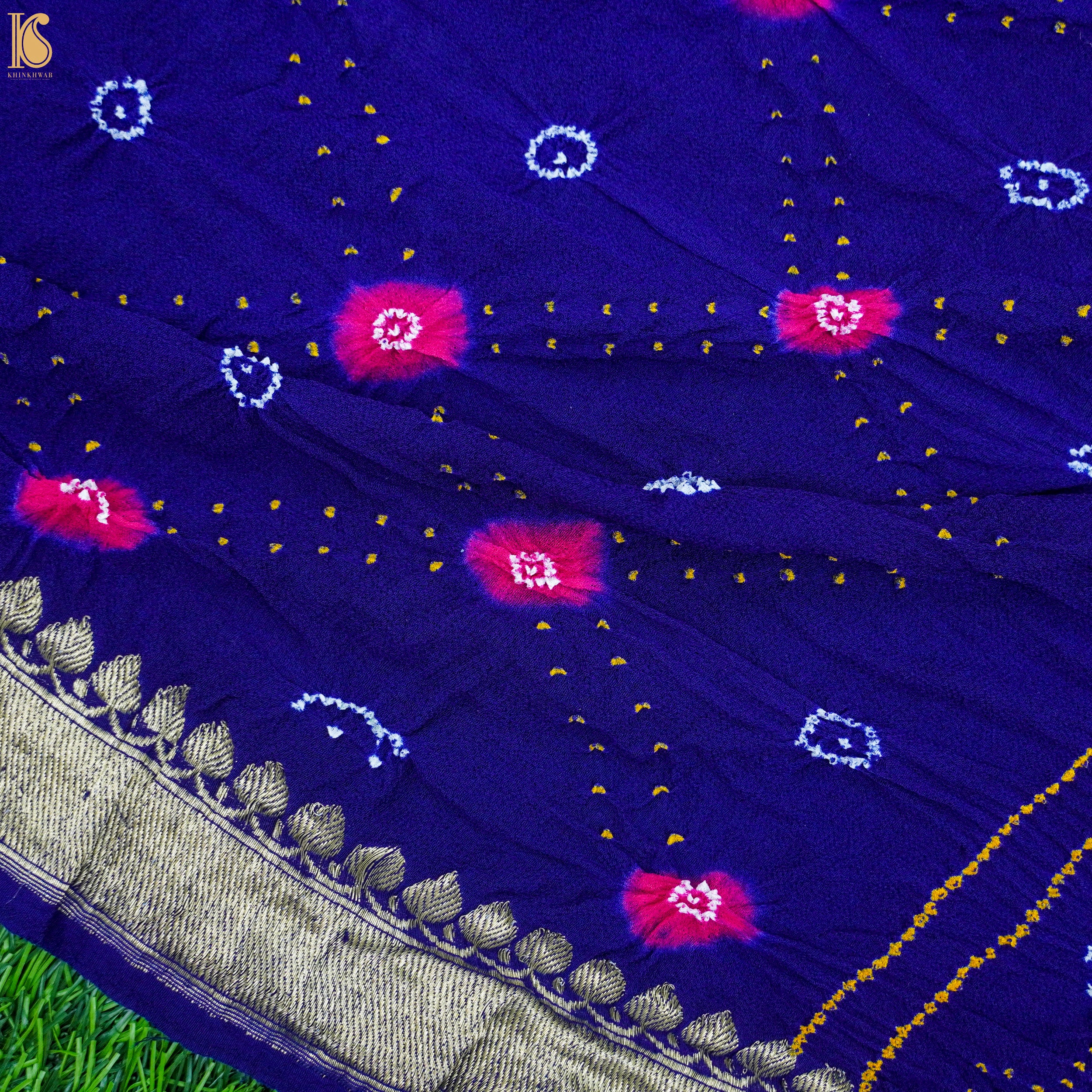 Midnight Blue Pure Georgette Handloom Banarasi Bandhani Saree - Khinkhwab