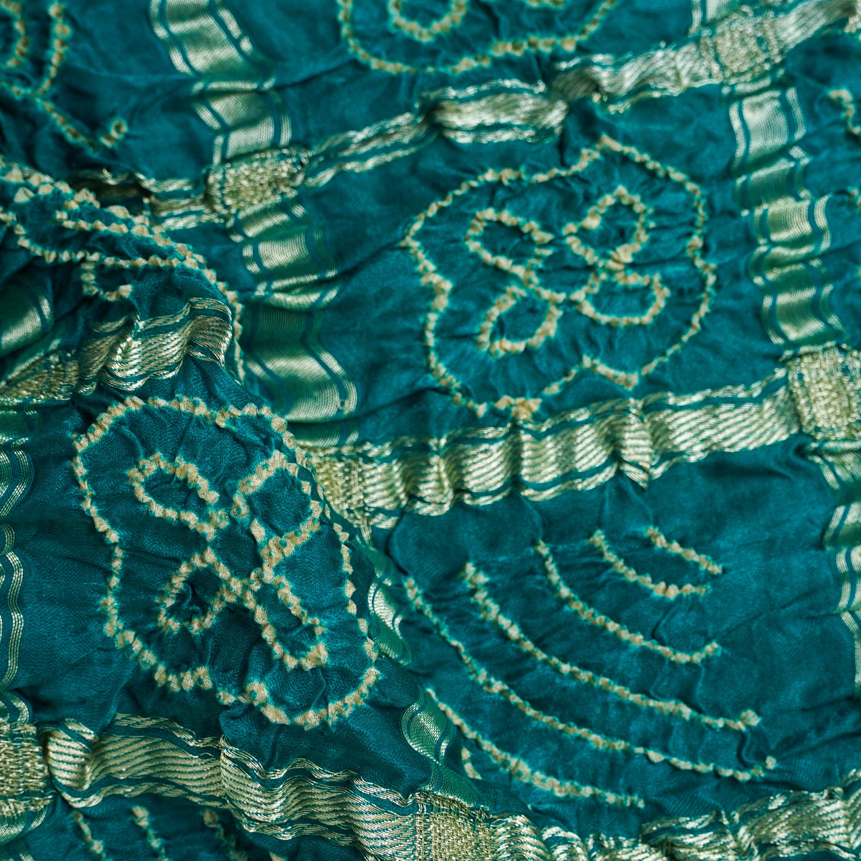Teal Hand Block Ajrakh with Bandhani Gharchola Modal Silk Saree - Khinkhwab