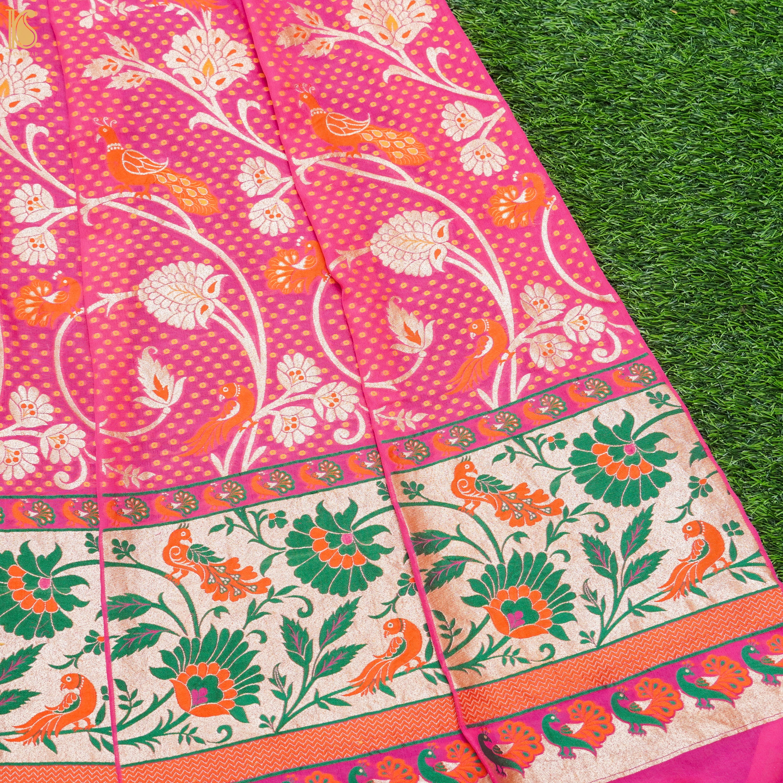 Pink Handloom Pure Georgette Kalidar Banarasi Meenakari Shikargah Lehenga - Khinkhwab