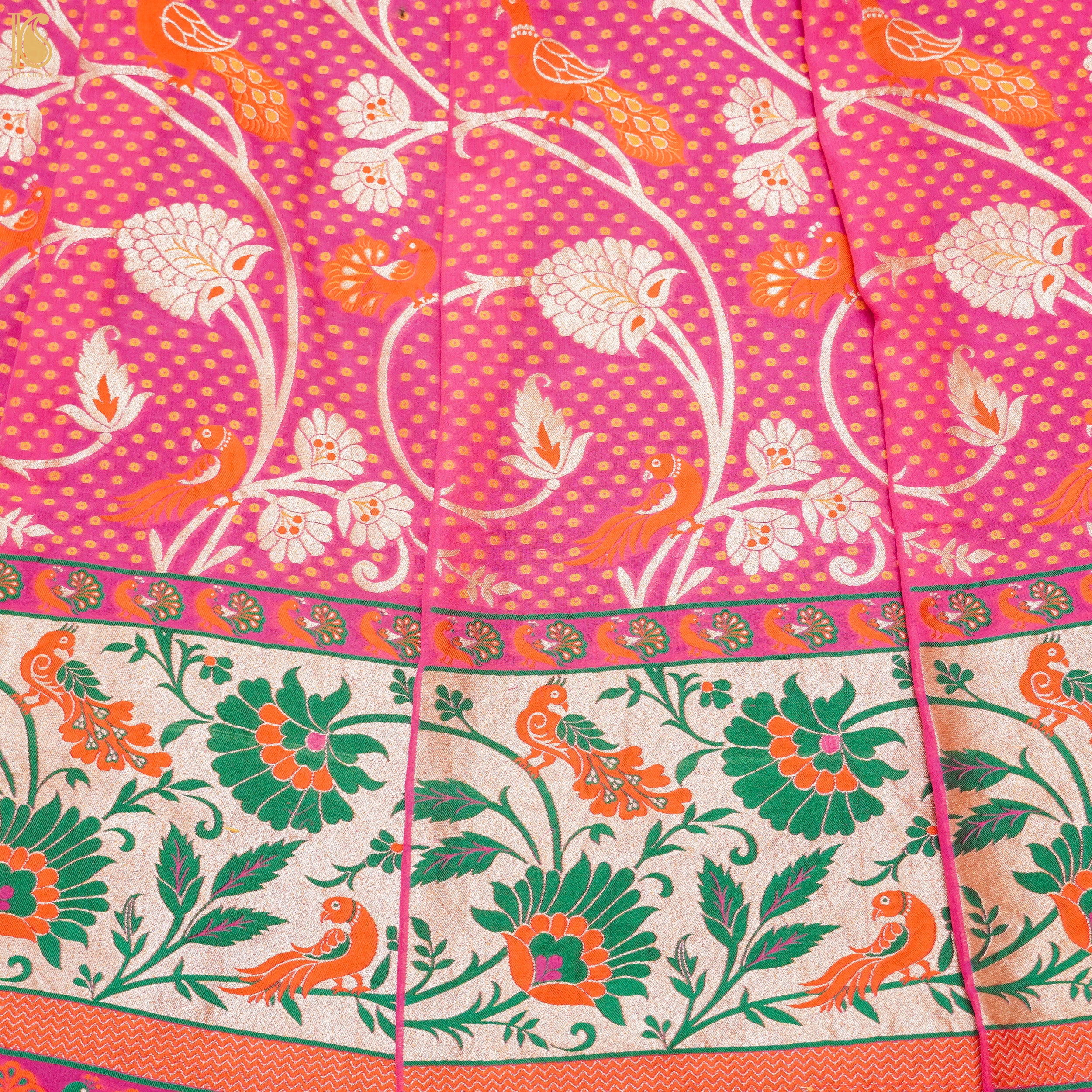 Pink Handloom Pure Georgette Kalidar Banarasi Meenakari Shikargah Lehenga - Khinkhwab