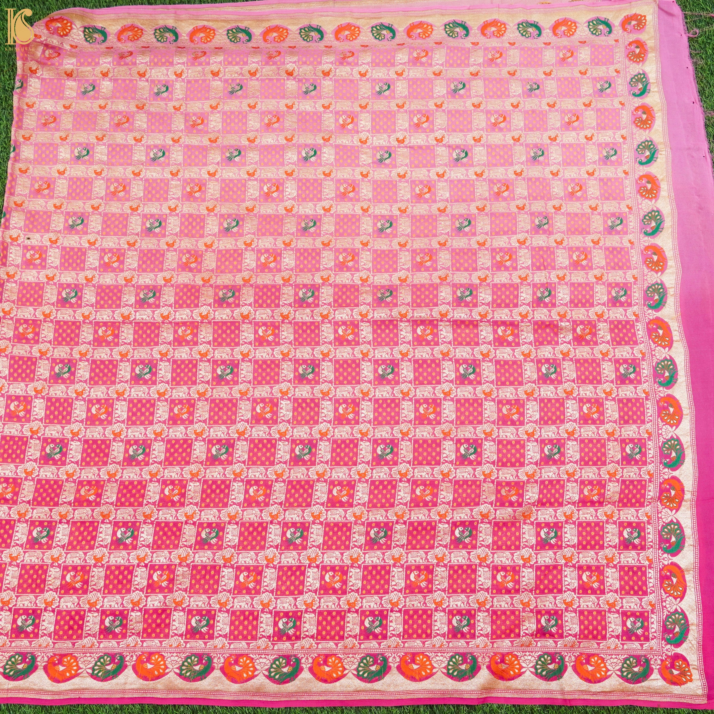 Pink Handloom Pure Georgette Kalidar Banarasi Meenakari Shikargah Lehenga - Khinkhwab
