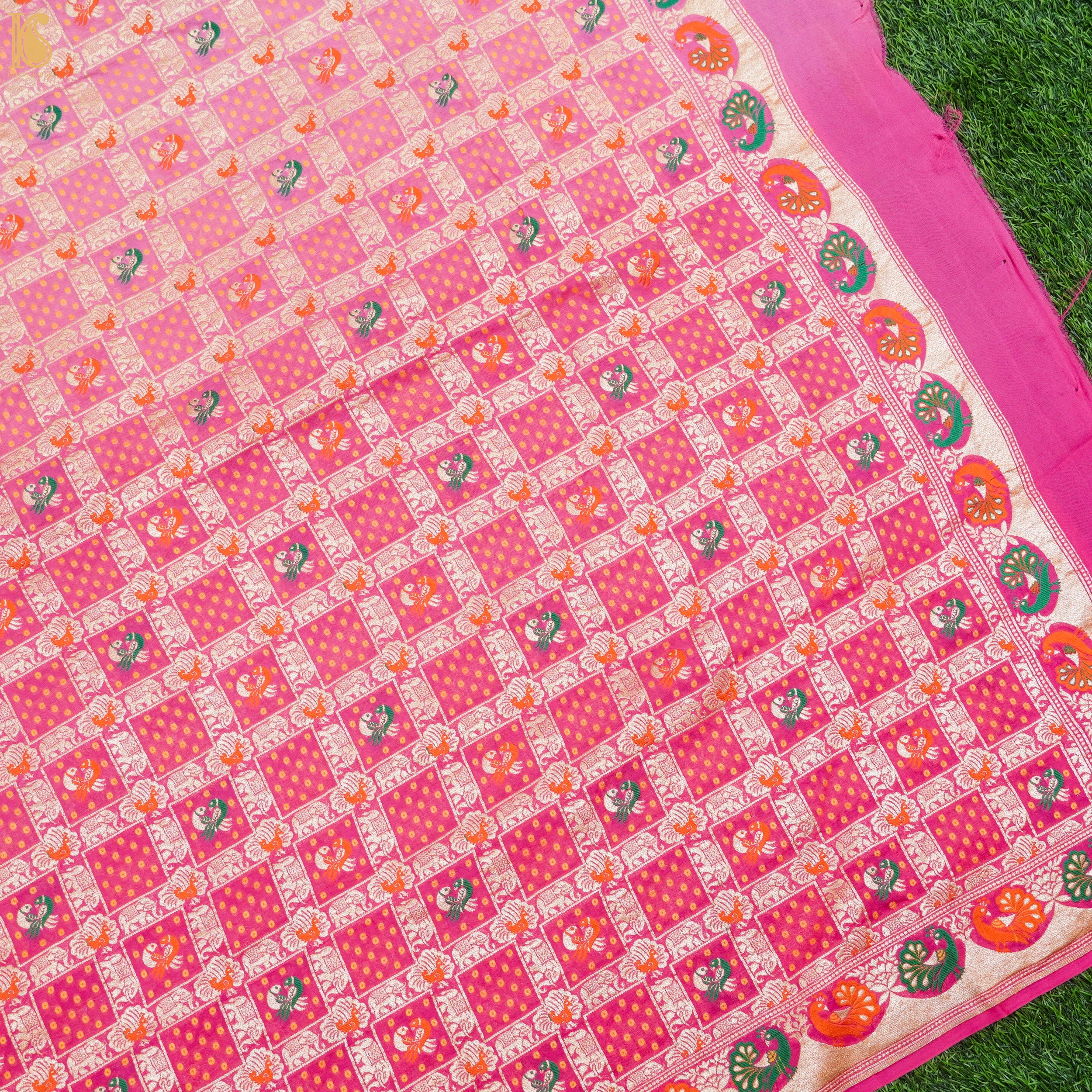 Pink Handloom Pure Georgette Kalidar Banarasi Meenakari Shikargah Lehenga - Khinkhwab