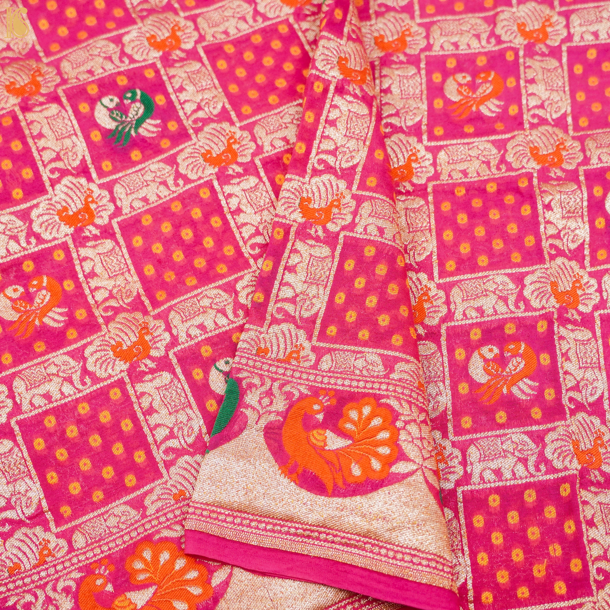 Pink Handloom Pure Georgette Kalidar Banarasi Meenakari Shikargah Lehenga - Khinkhwab