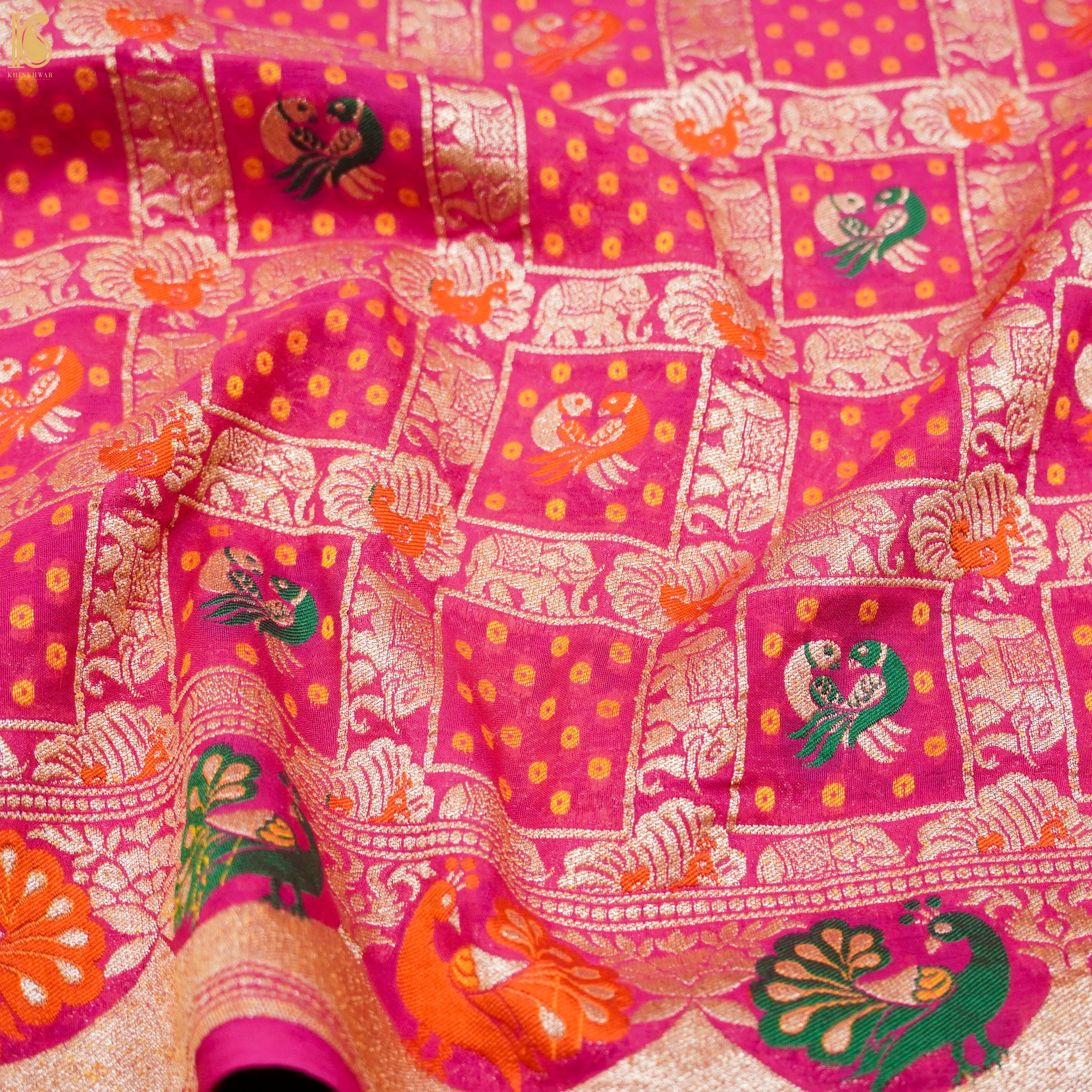 Pink Handloom Pure Georgette Kalidar Banarasi Meenakari Shikargah Lehenga - Khinkhwab