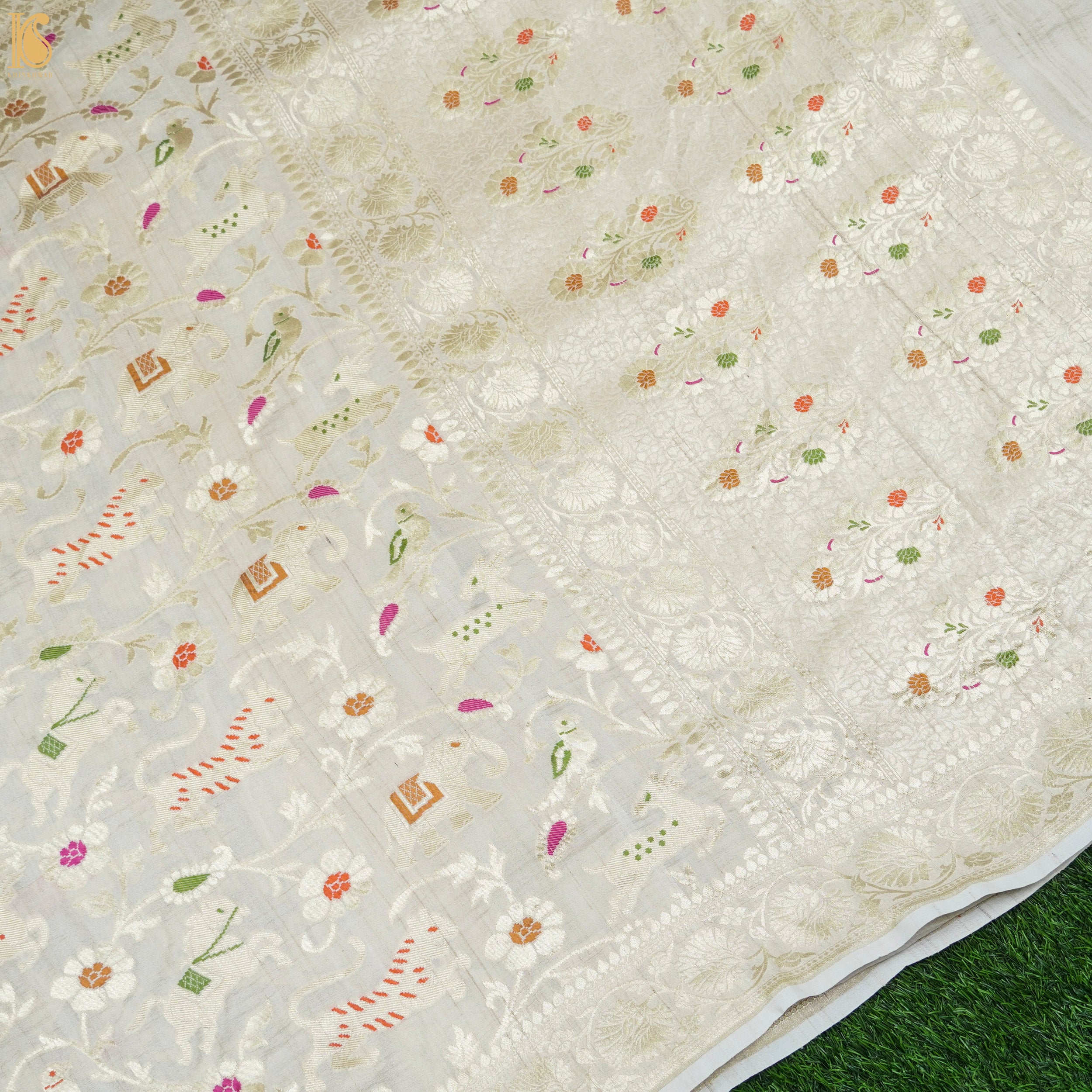 Beige Pure Tussar Silk Handloom Banarasi Meenakari Shikargah Saree - Khinkhwab
