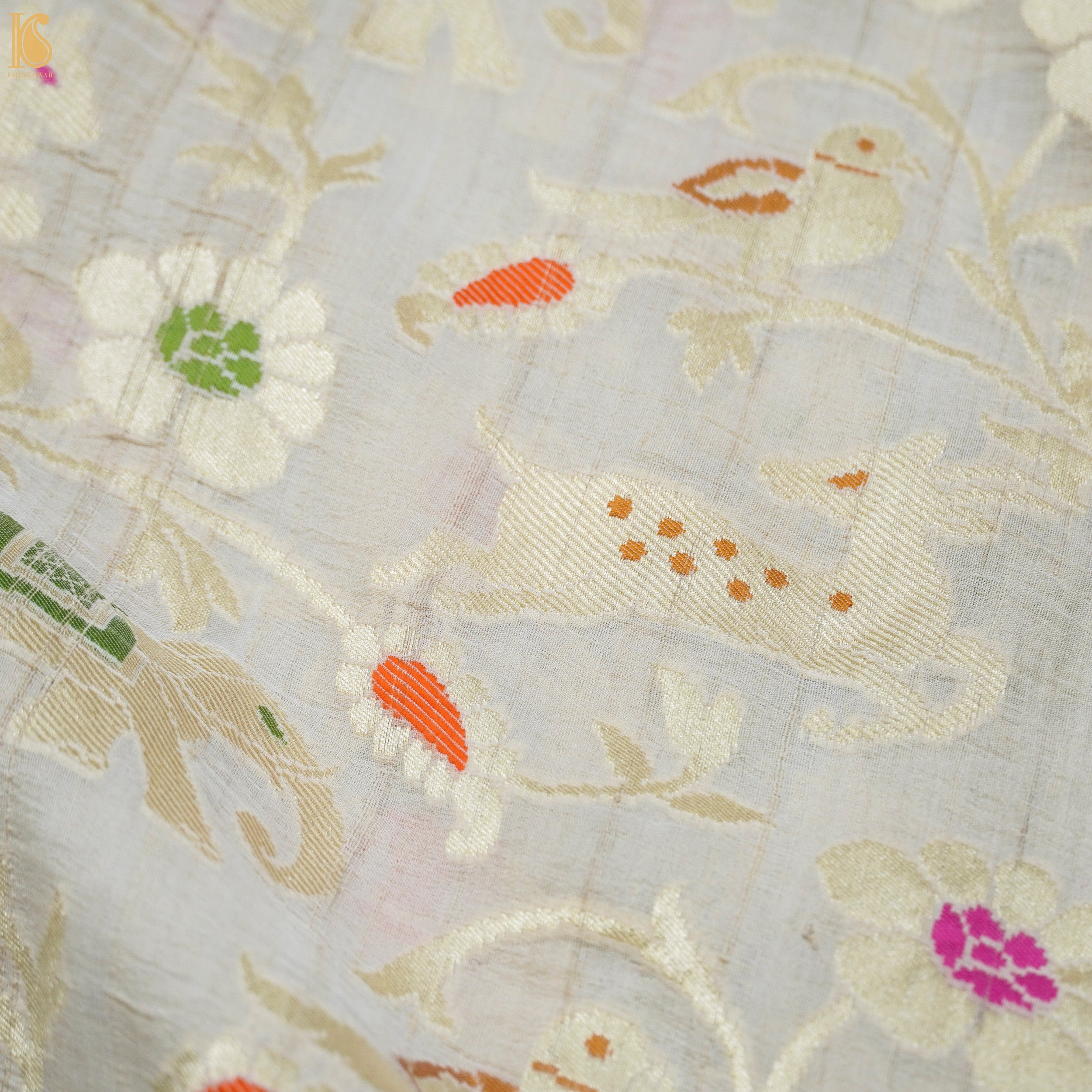 Beige Pure Tussar Silk Handloom Banarasi Meenakari Shikargah Saree - Khinkhwab