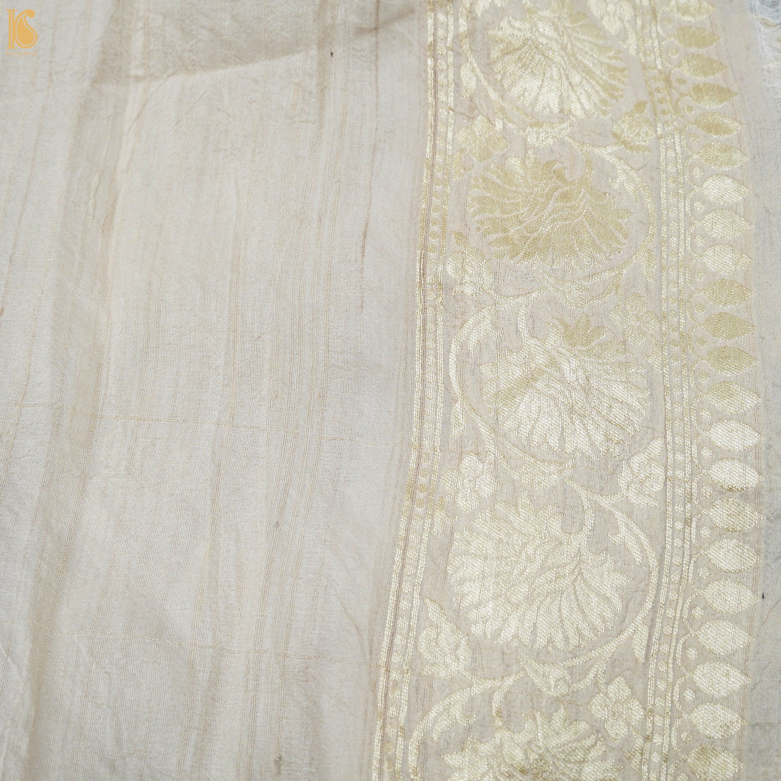 Beige Pure Tussar Silk Handloom Banarasi Meenakari Shikargah Saree - Khinkhwab