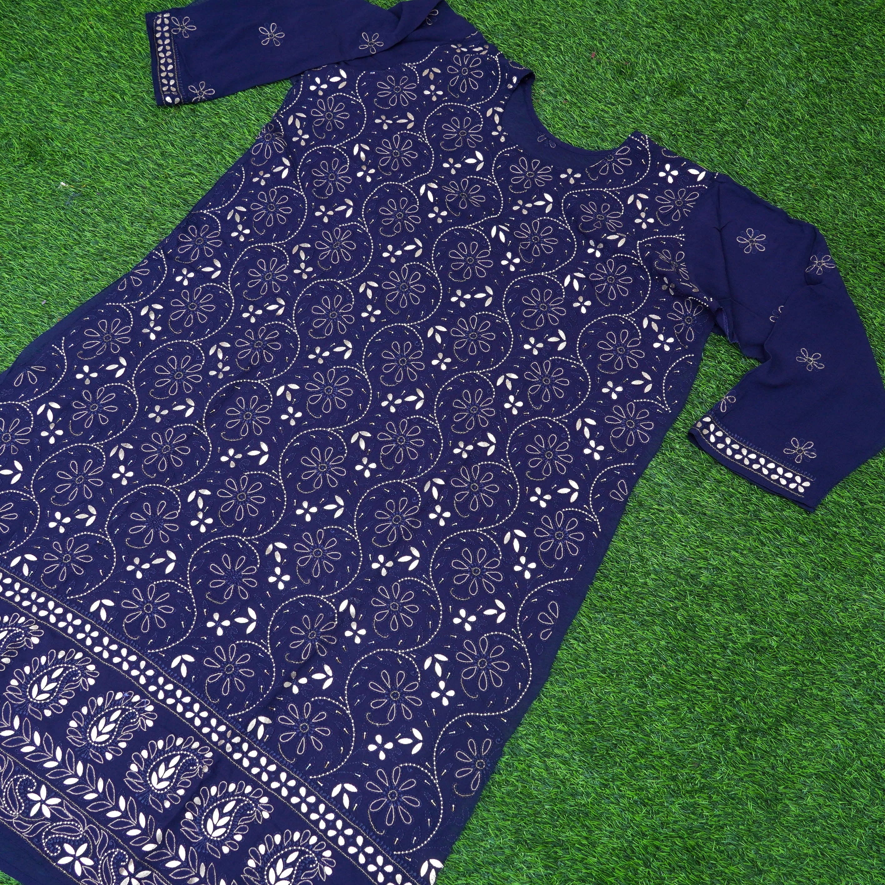 Blue Chikankari, Aari & Gotta Patti Viscose Georgette Fabric Set - Khinkhwab