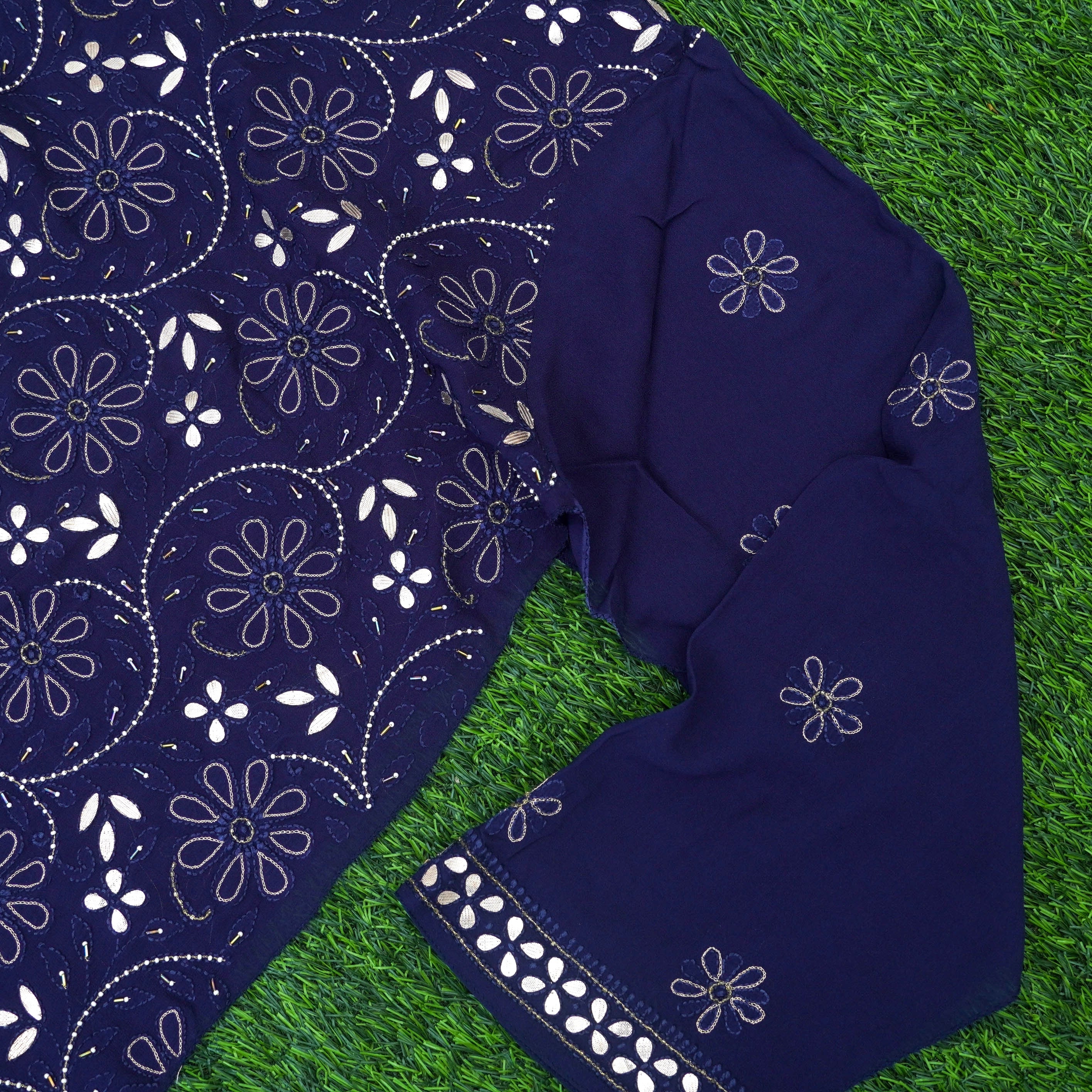 Blue Chikankari, Aari & Gotta Patti Viscose Georgette Fabric Set - Khinkhwab