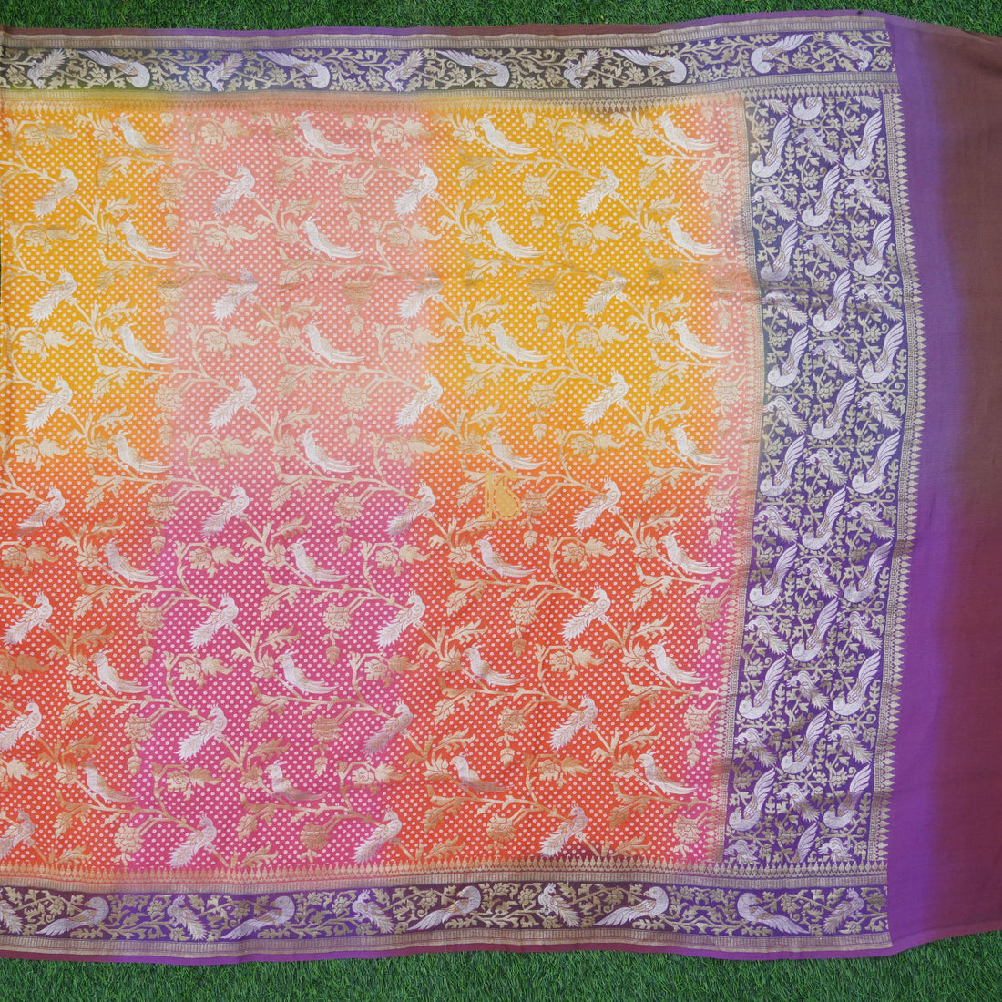 Purple, Pink & Orange Pure Georgette Shikargah Banarasi Dupatta - Khinkhwab