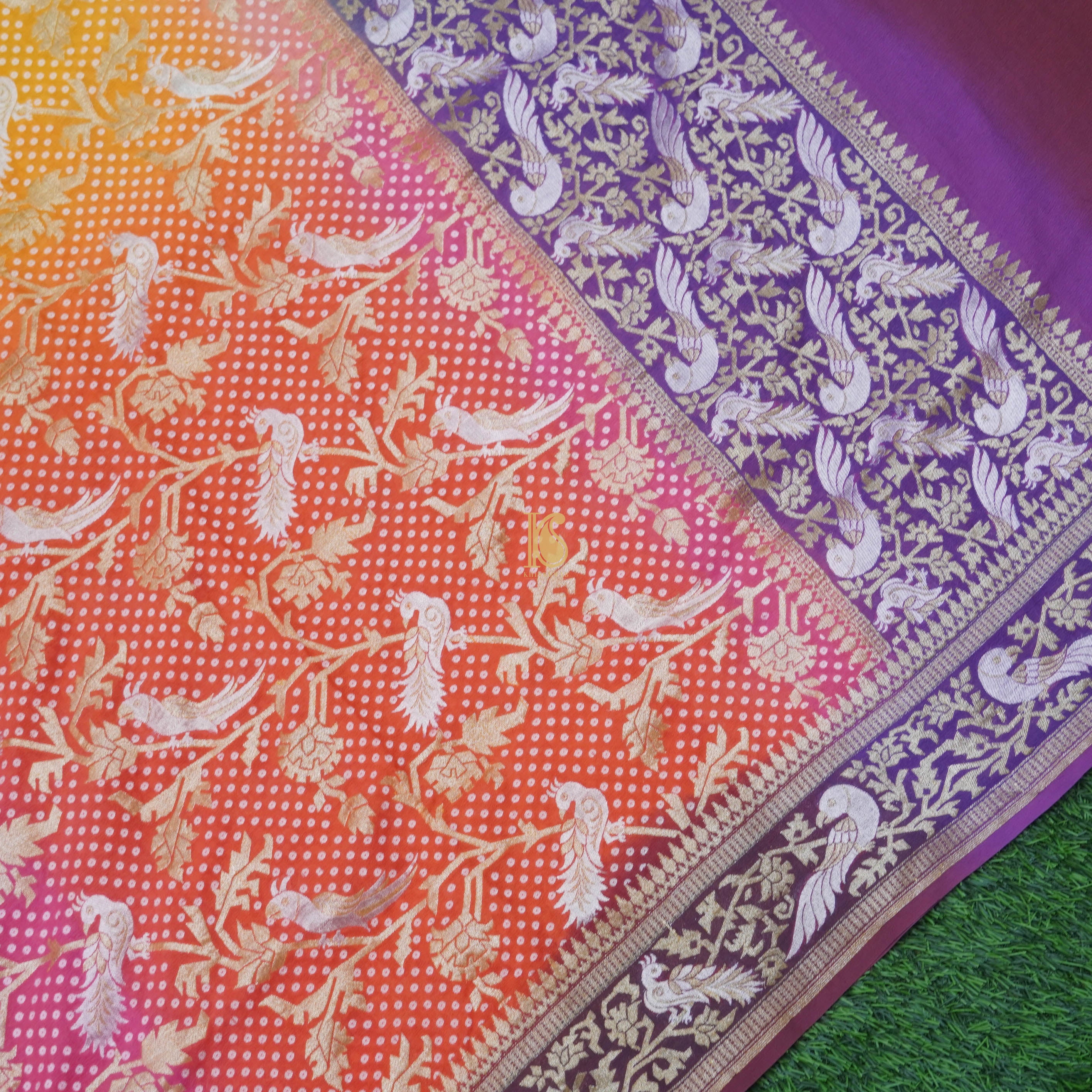 Purple, Pink & Orange Pure Georgette Shikargah Banarasi Dupatta - Khinkhwab